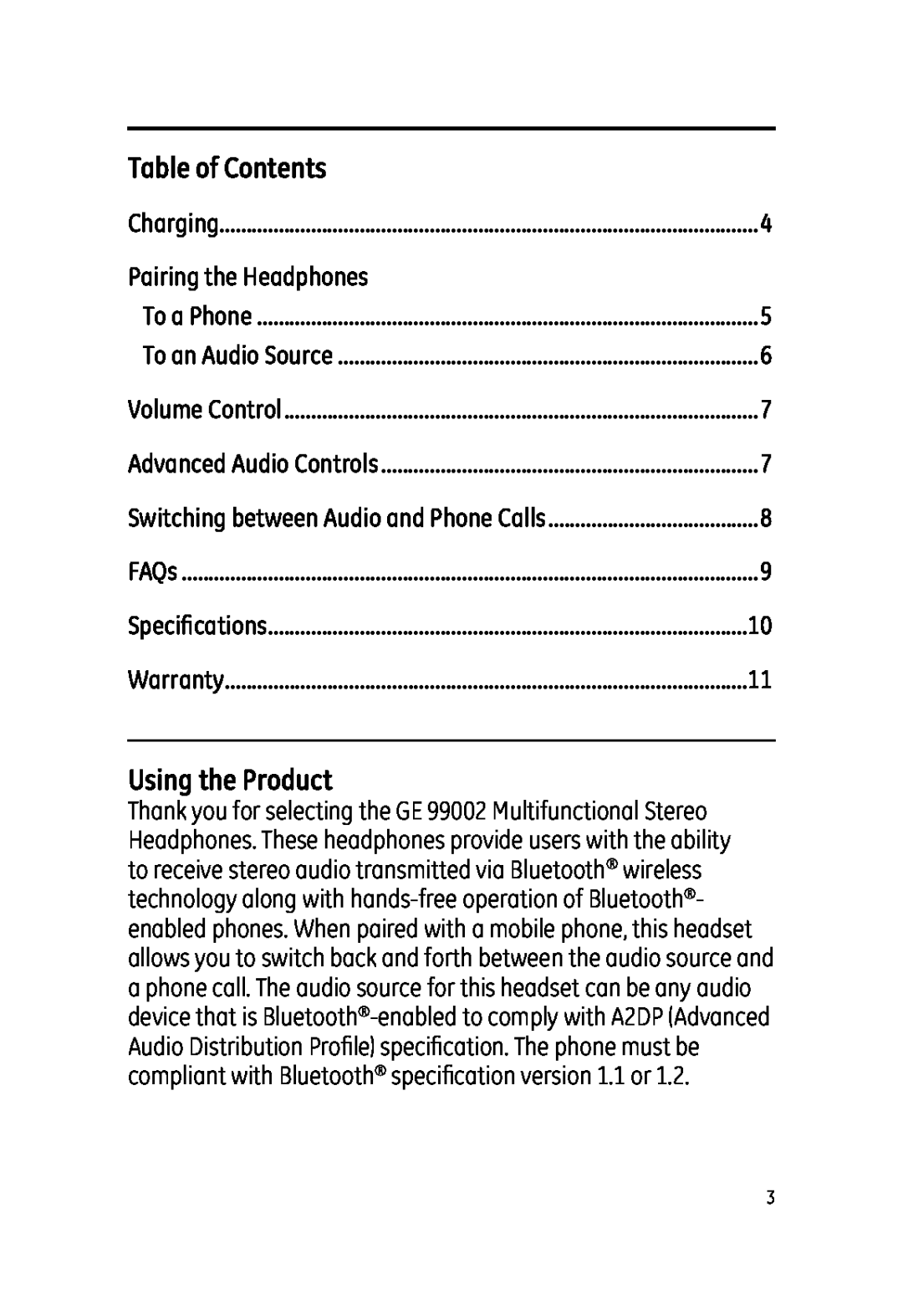 Jasco 99002 user manual Table of Contents, Using the Product, Pairing the Headphones 