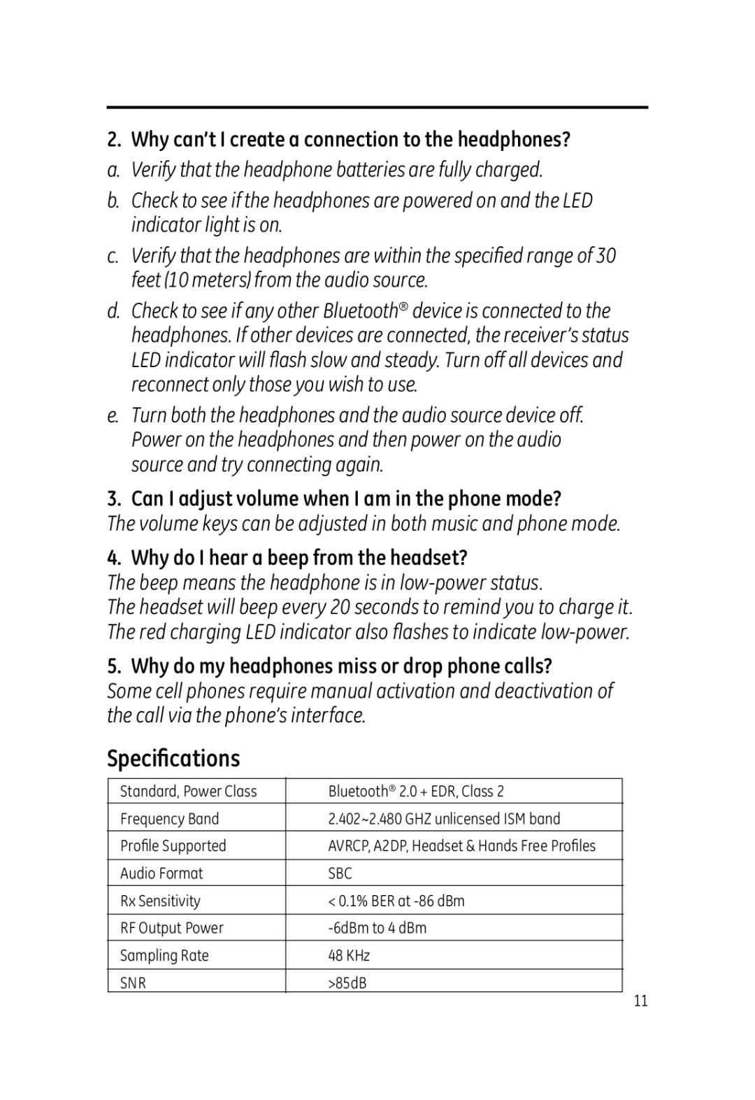 Jasco 99003 user manual Speciﬁcations, Why do I hear a beep from the headset? 