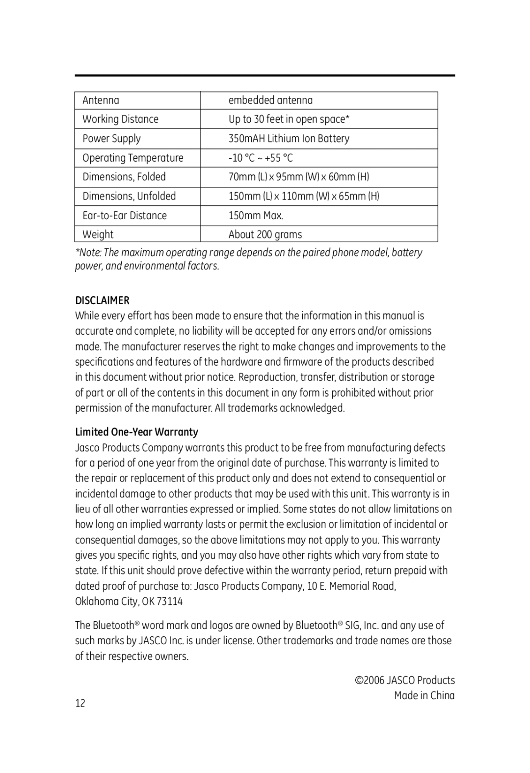 Jasco 99003 user manual Disclaimer 