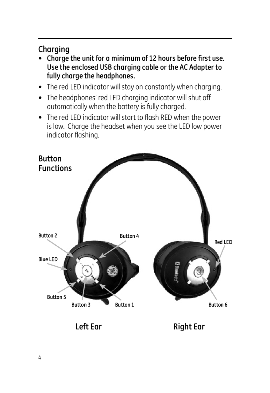 Jasco 99003 user manual Charging, Button Functions, Left Ear Right Ear 