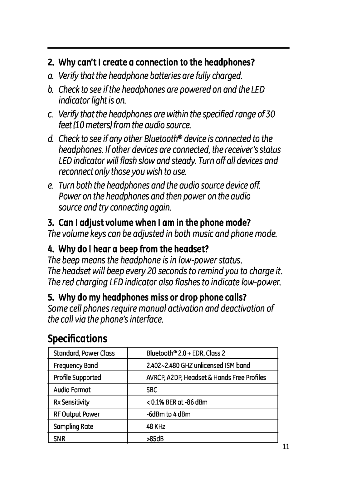 Jasco 99003 user manual Speciﬁcations, Why do I hear a beep from the headset? 