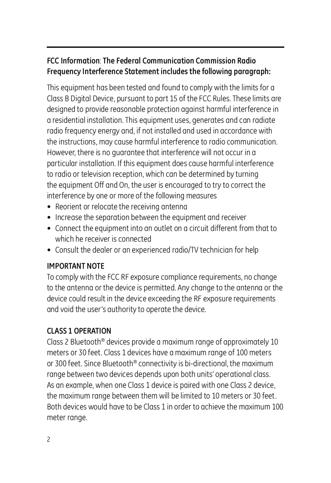 Jasco 99004 user manual FCC Information The Federal Communication Commission Radio, Important Note, Class 1 Operation 