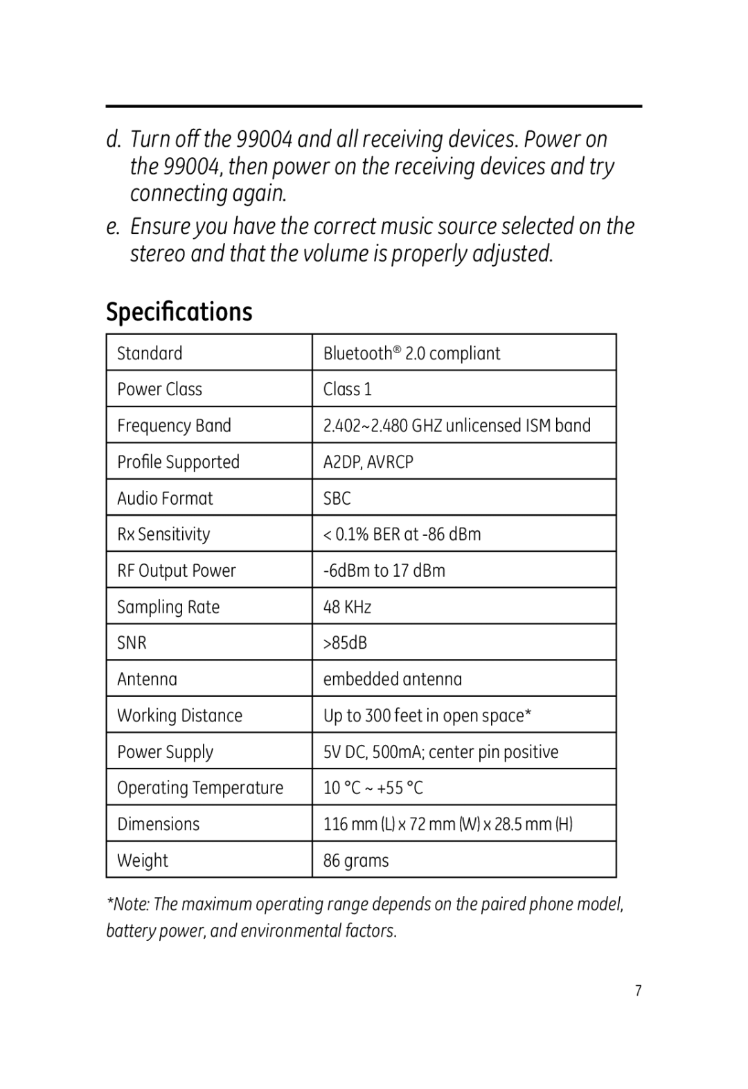 Jasco 99004 user manual Speciﬁcations, Snr 