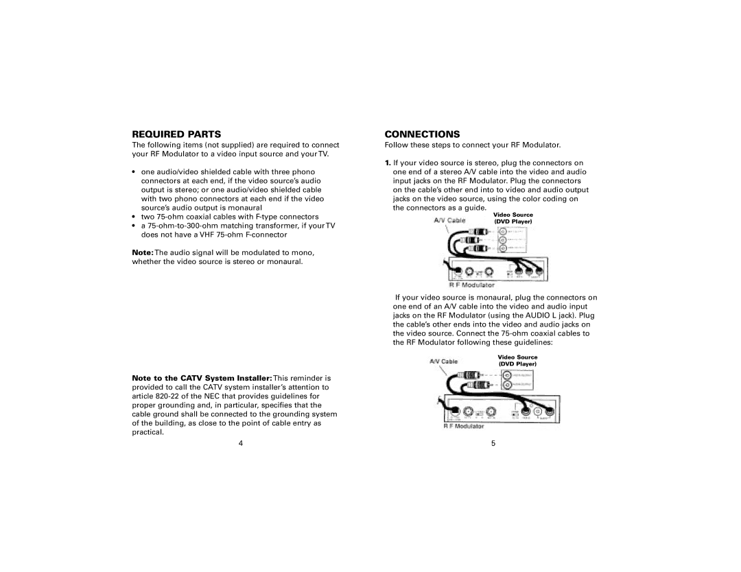 Jasco AV93299 instruction manual Required Parts, Connections 