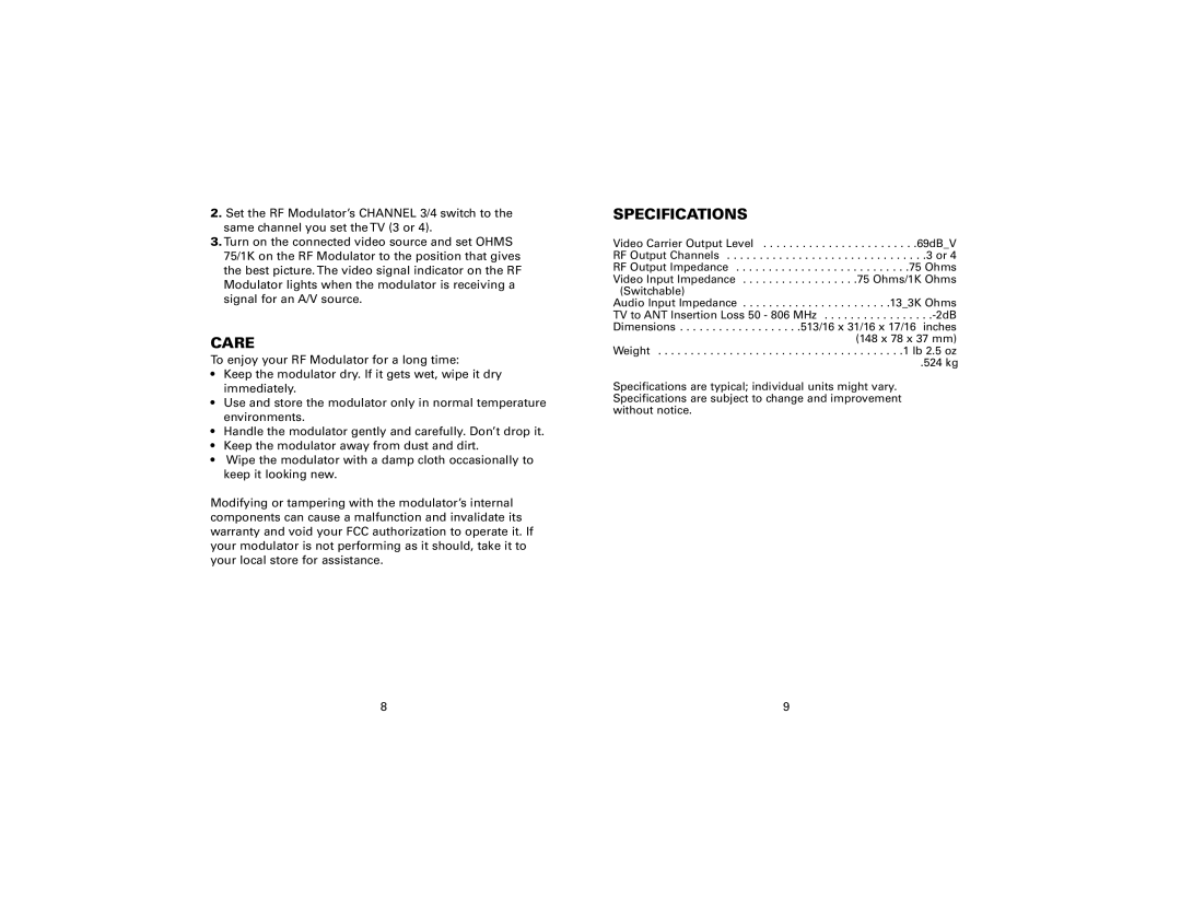 Jasco AV93299 instruction manual Care, Specifications 