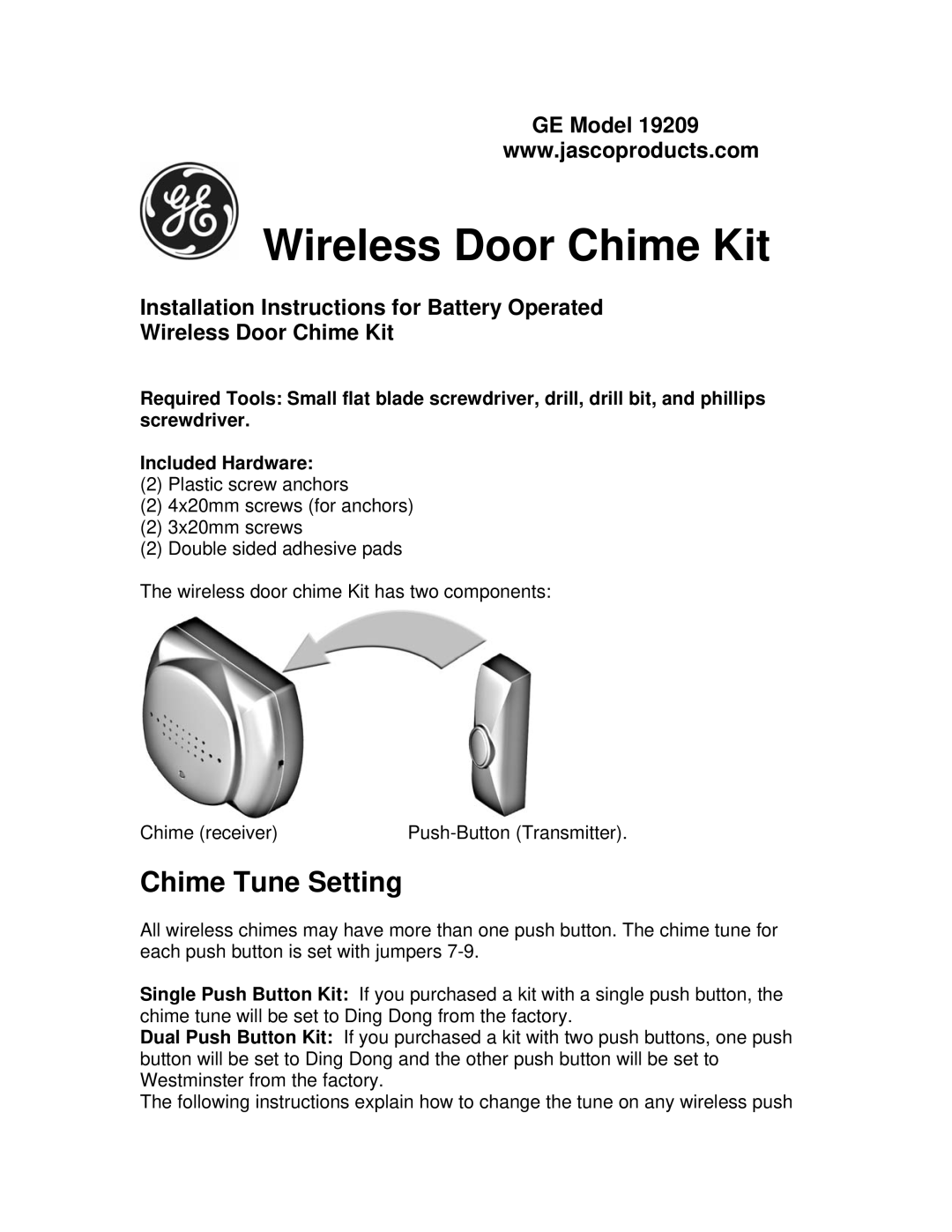 Jasco GE 19209 installation instructions Wireless Door Chime Kit, Chime Tune Setting 