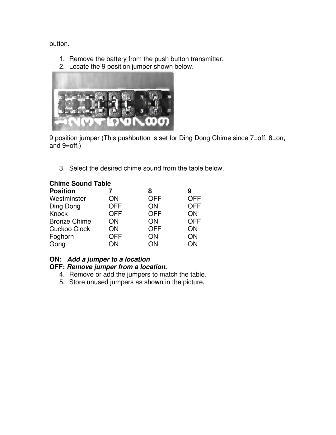 Jasco GE 19209 installation instructions Chime Sound Table Position 