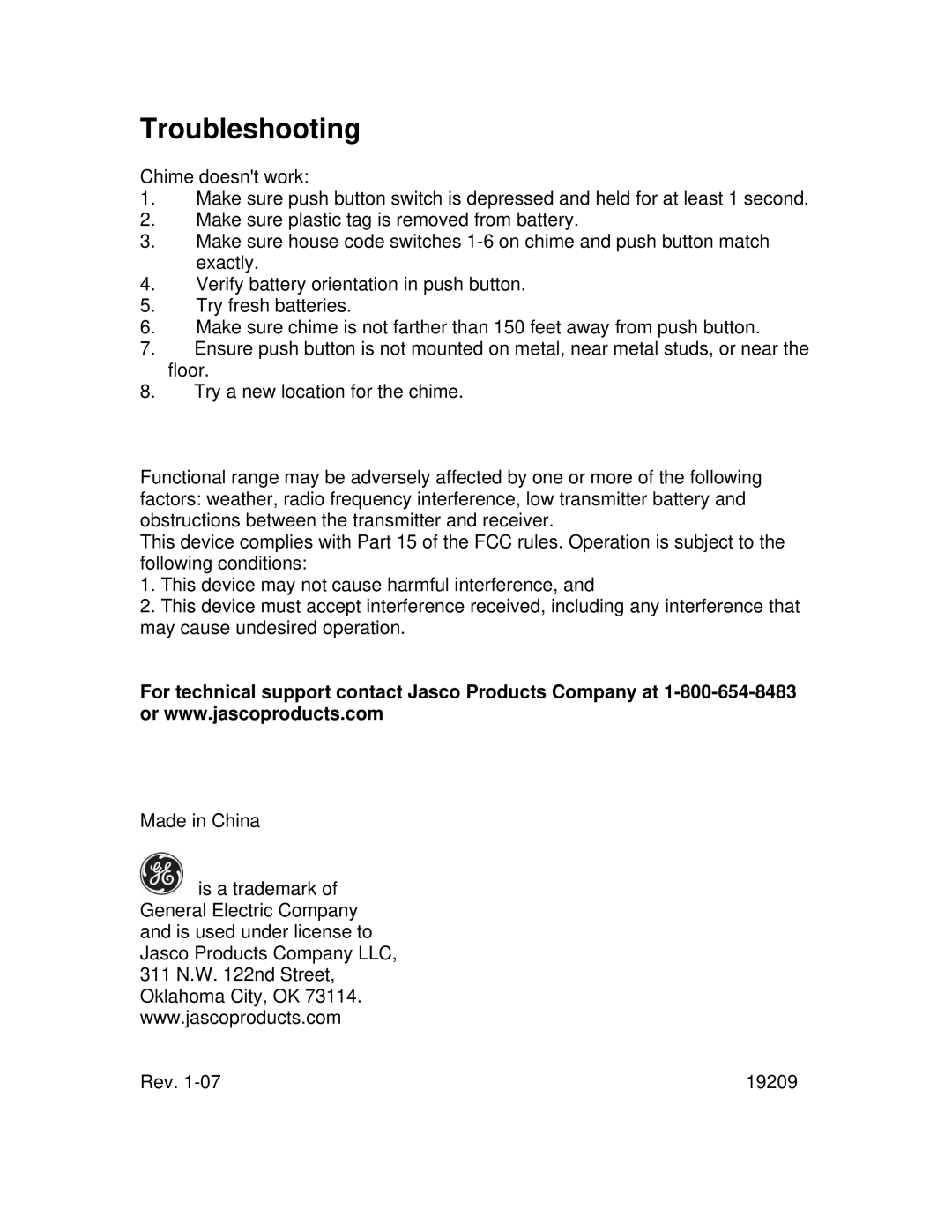 Jasco GE 19209 installation instructions Troubleshooting 