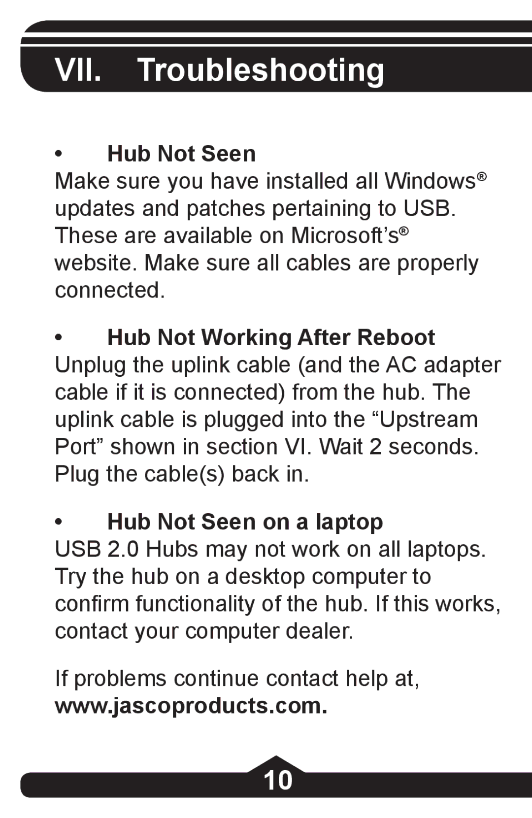 Jasco HO97844 instruction manual VII. Troubleshooting, Hub Not Seen 