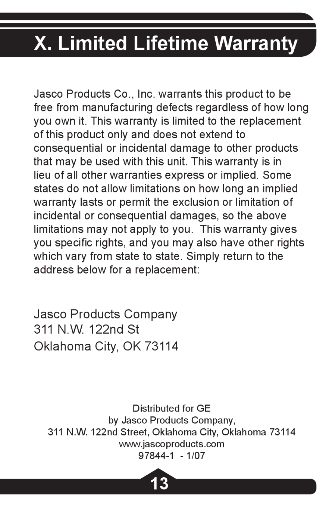 Jasco HO97844 instruction manual Limited Lifetime Warranty, Jasco Products Company 311 N.W nd St Oklahoma City, OK 