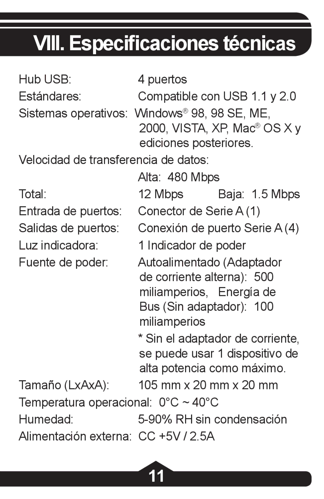 Jasco HO97844 instruction manual VIII. Especificaciones técnicas 