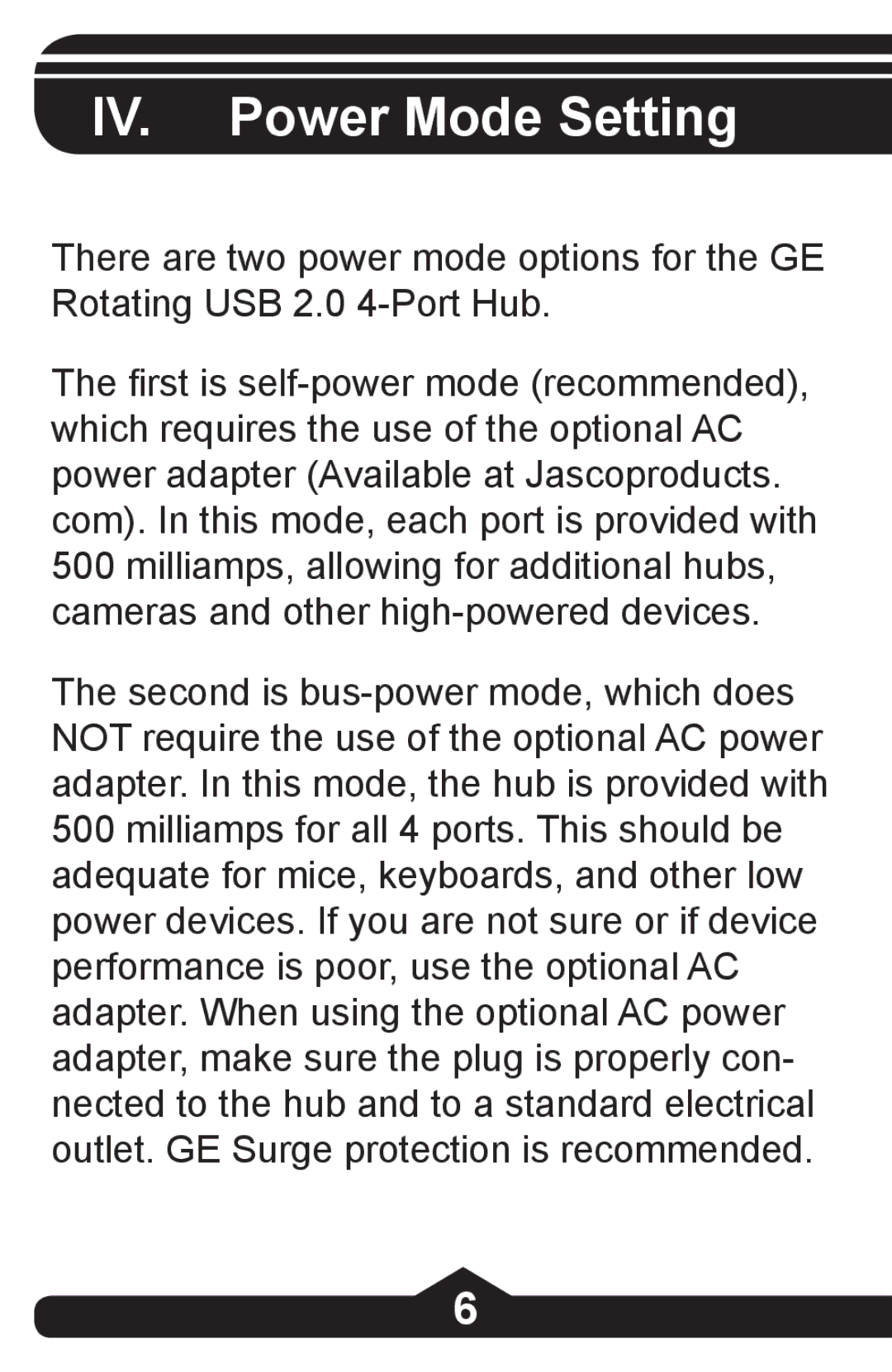 Jasco HO97844 instruction manual IV. Power Mode Setting 