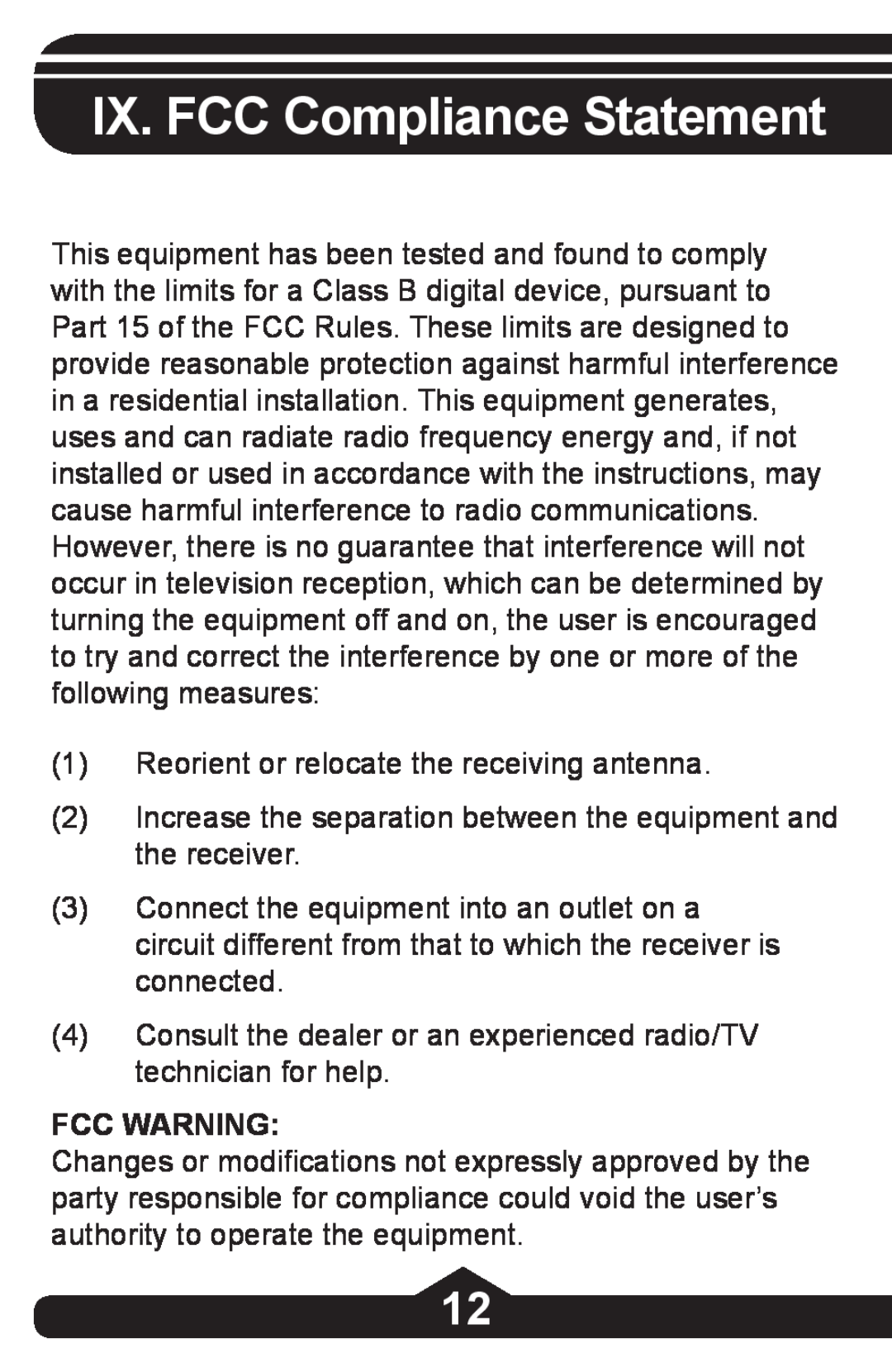 Jasco HO97844 instruction manual IX. FCC Compliance Statement, Fcc Warning 