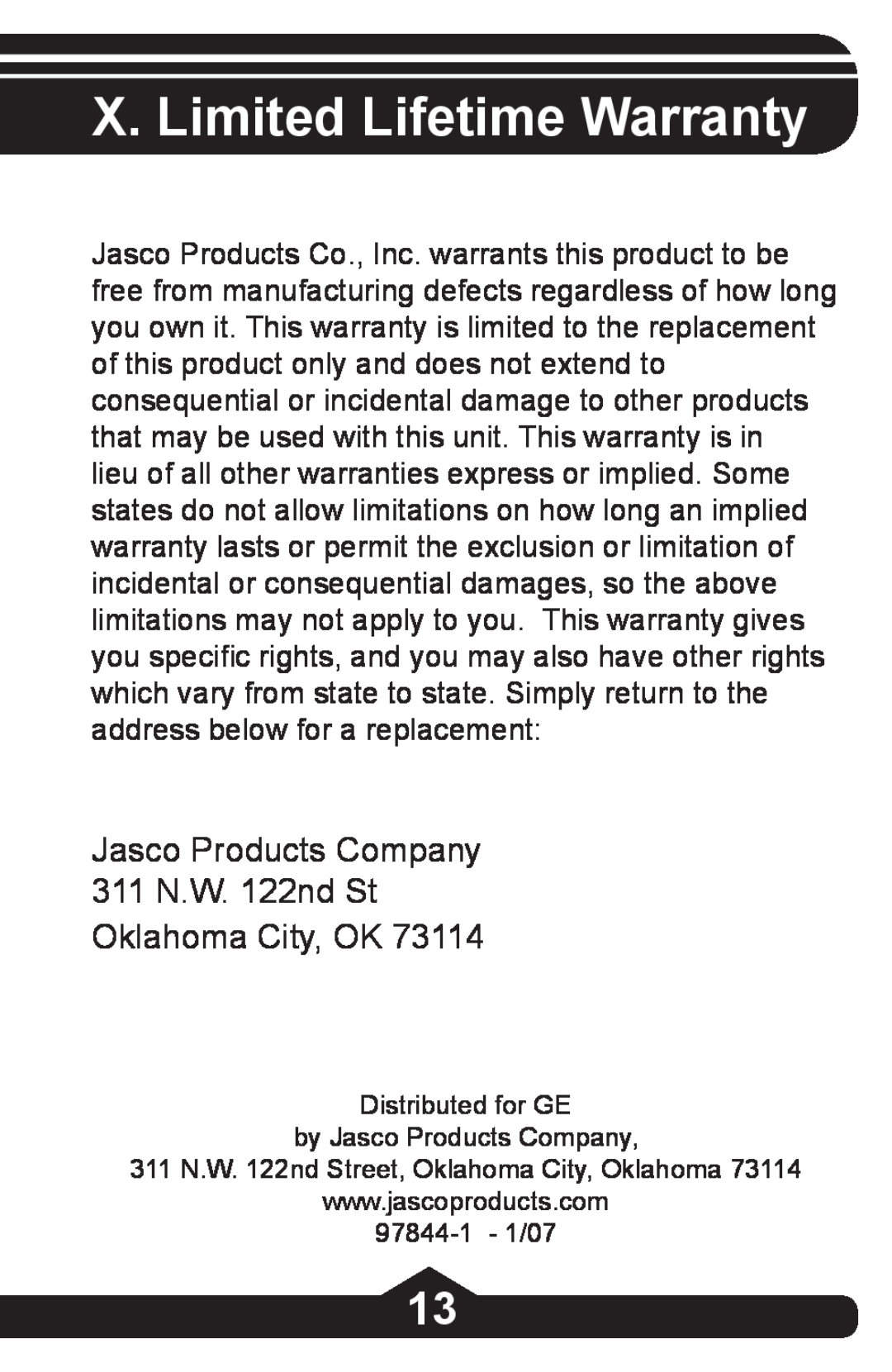 Jasco HO97844 instruction manual X. Limited Lifetime Warranty, Jasco Products Company 311 N.W. 122nd St Oklahoma City, OK 