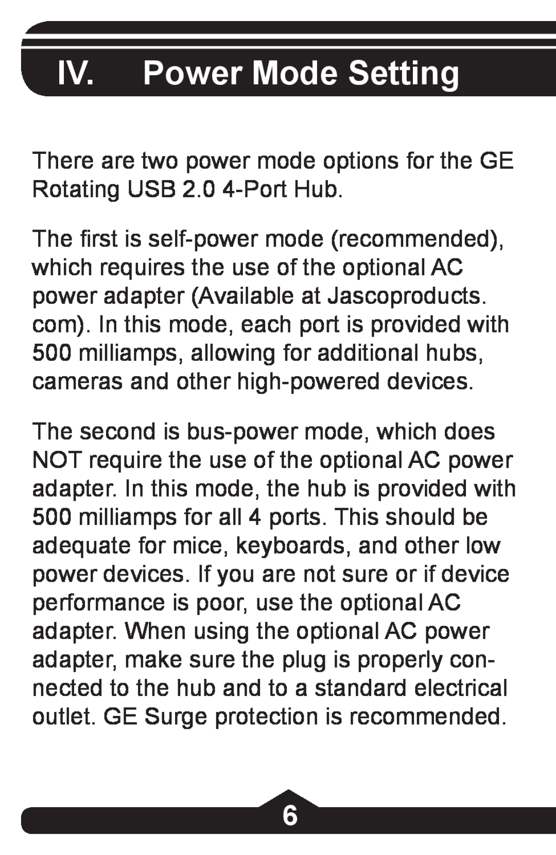 Jasco HO97844 instruction manual IV. Power Mode Setting 
