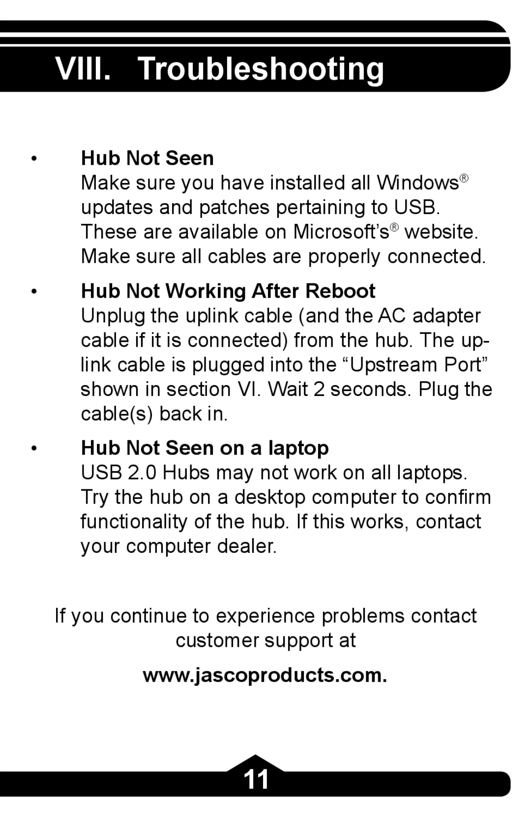 Jasco HO97863 instruction manual VIII. Troubleshooting, Hub Not Seen 