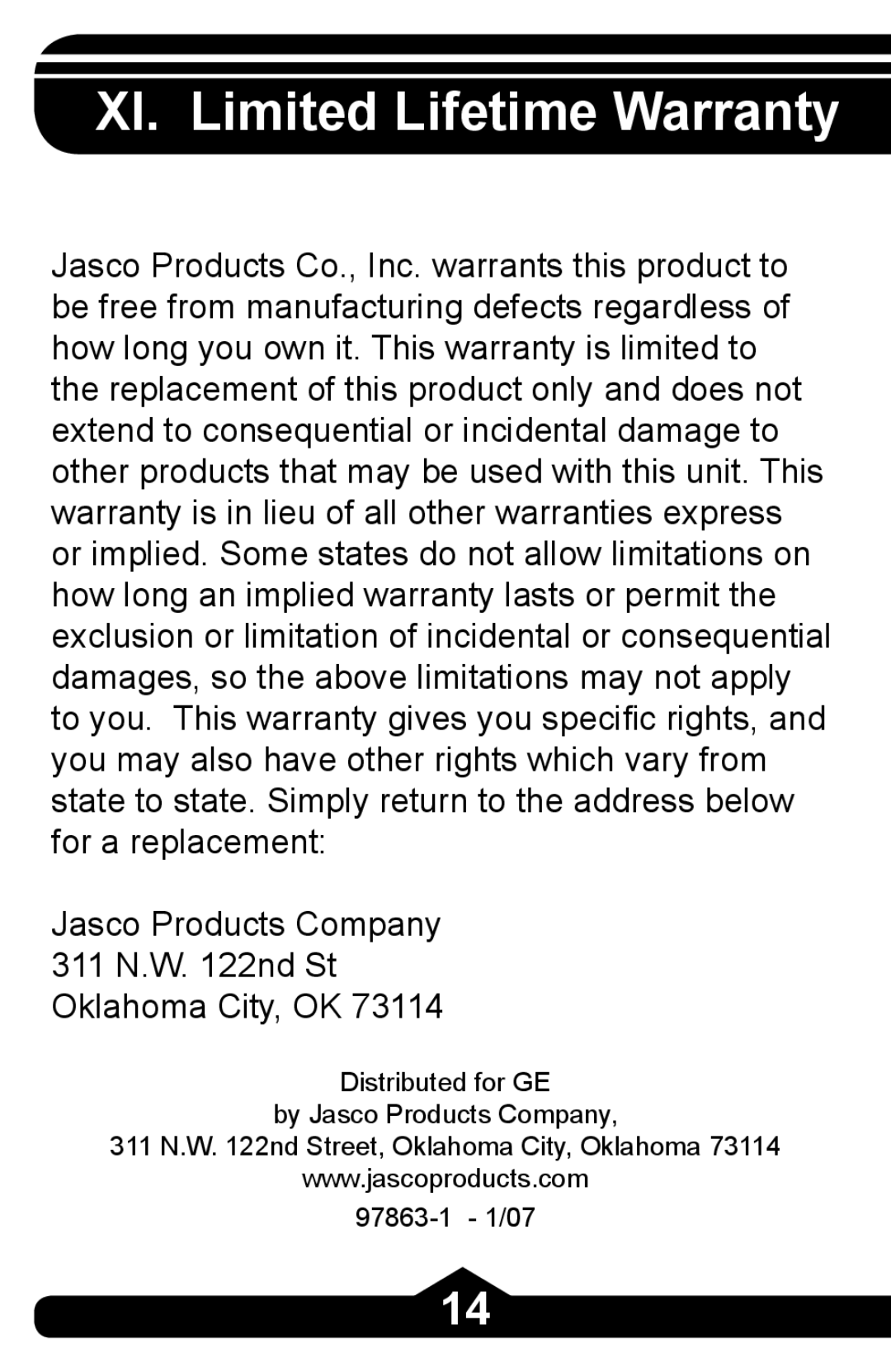 Jasco HO97863 instruction manual XI. Limited Lifetime Warranty 