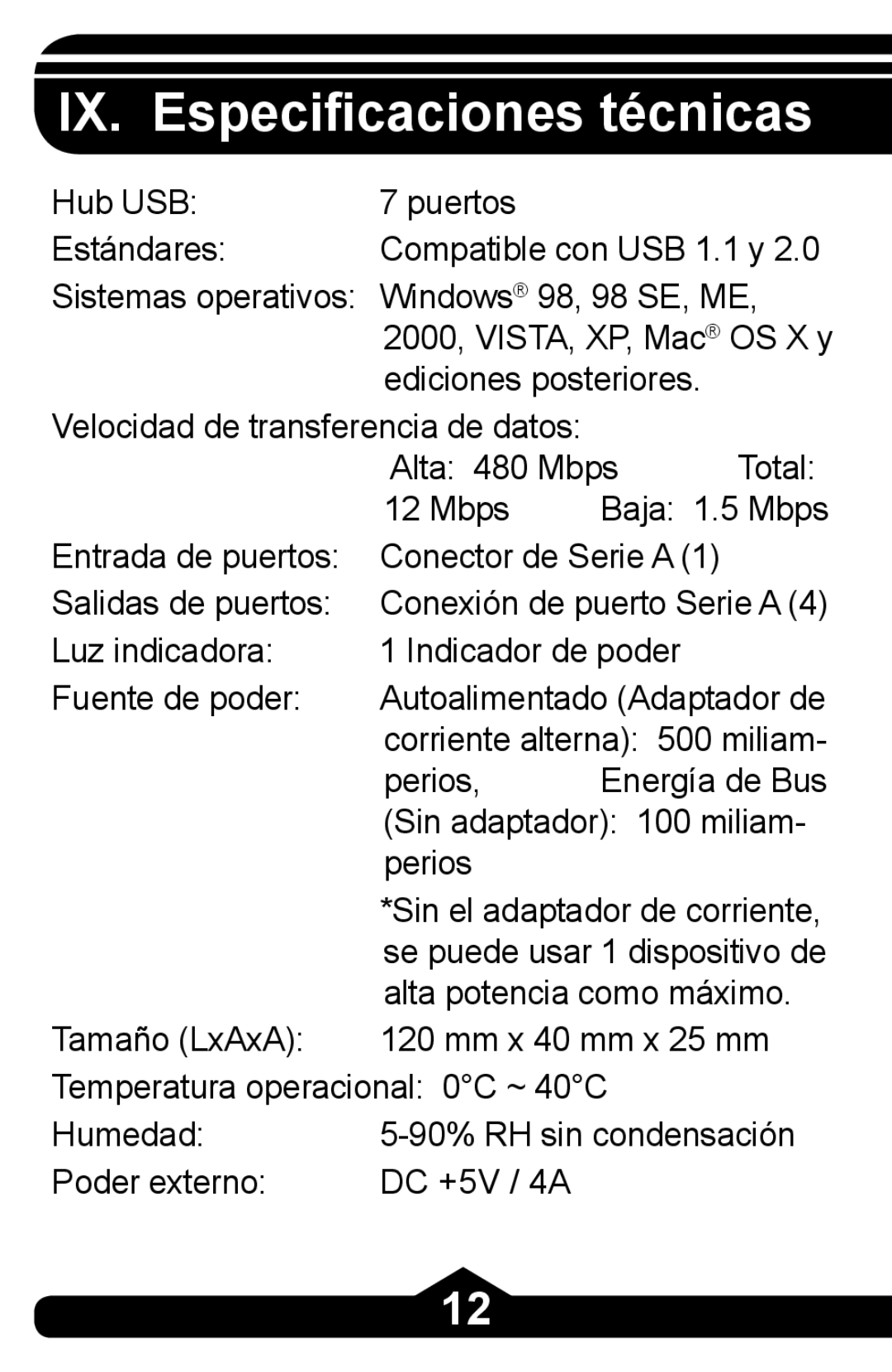 Jasco HO97863 instruction manual IX. Especificaciones técnicas 