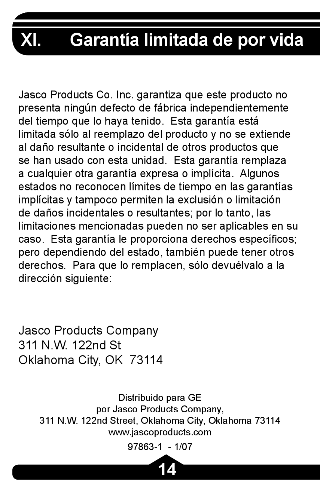 Jasco HO97863 instruction manual Garantía limitada de por vida 