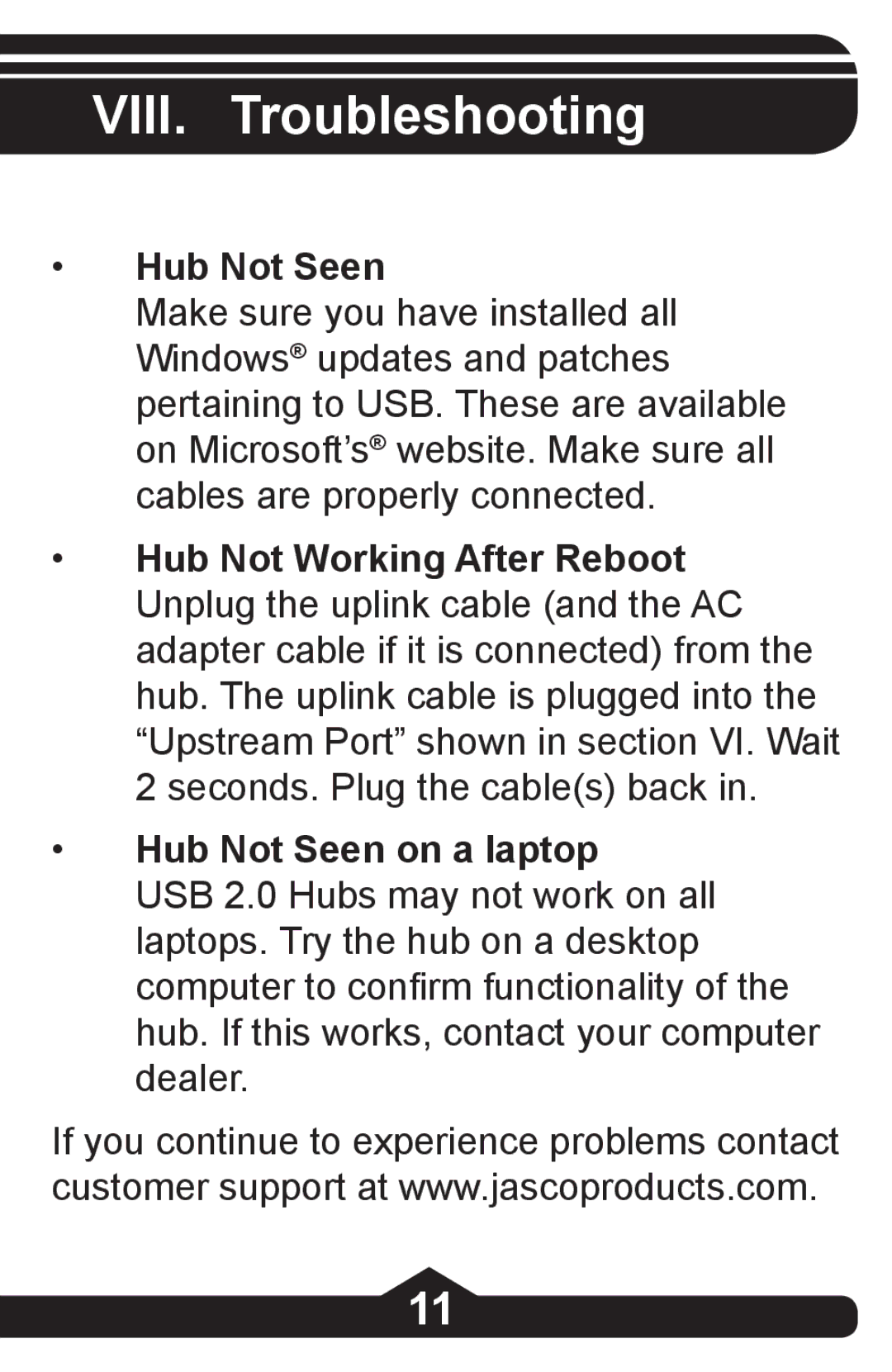 Jasco HO97864 instruction manual VIII. Troubleshooting, Hub Not Seen 