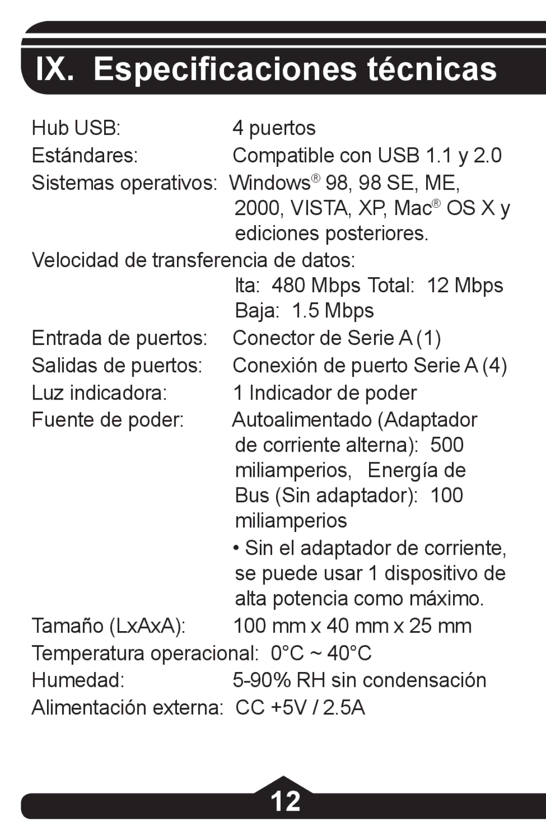 Jasco HO97864 instruction manual IX. Especificaciones técnicas 