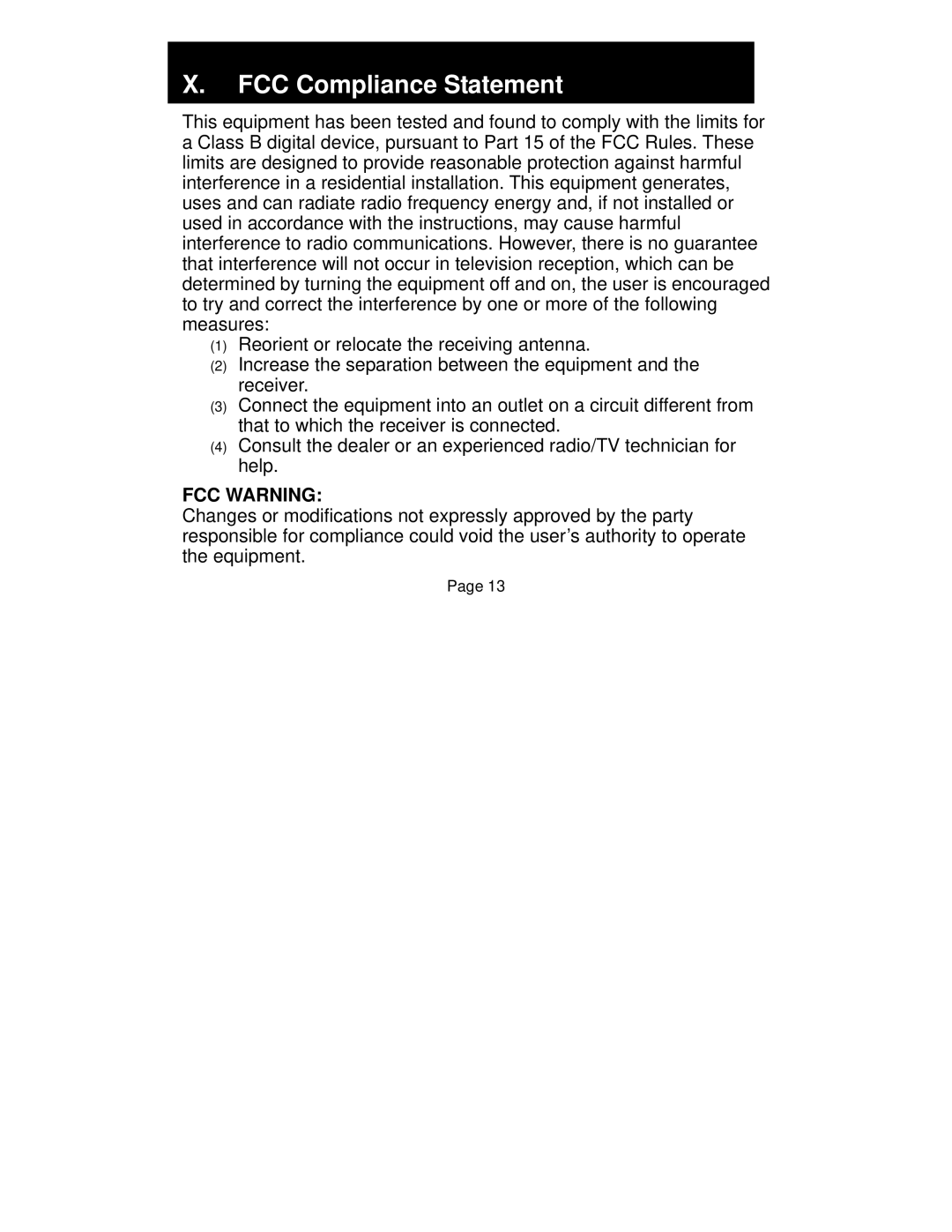 Jasco HO98751 manual FCC Compliance Statement, FCC Warning 