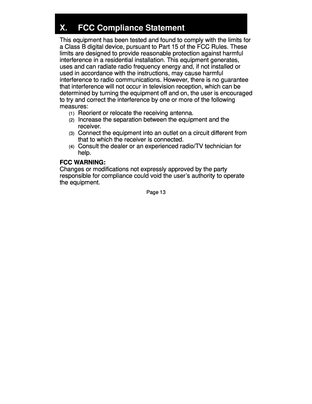 Jasco HO98751 manual X. FCC Compliance Statement, Fcc Warning 