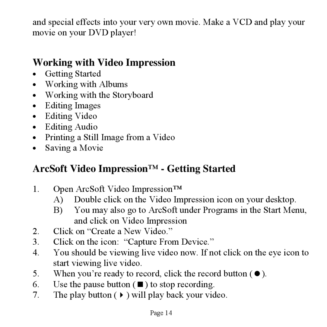 Jasco HO98756 user manual Working with Video Impression, ArcSoft Video Impression Getting Started 