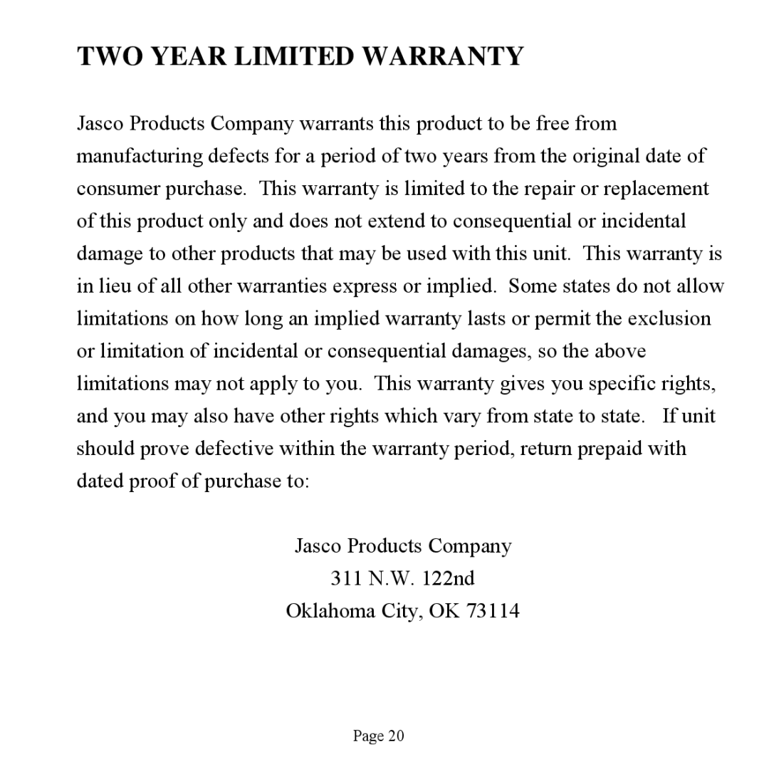 Jasco HO98756 user manual TWO Year Limited Warranty 