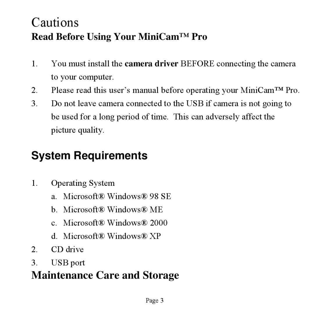 Jasco HO98756 user manual System Requirements, Read Before Using Your MiniCam Pro 