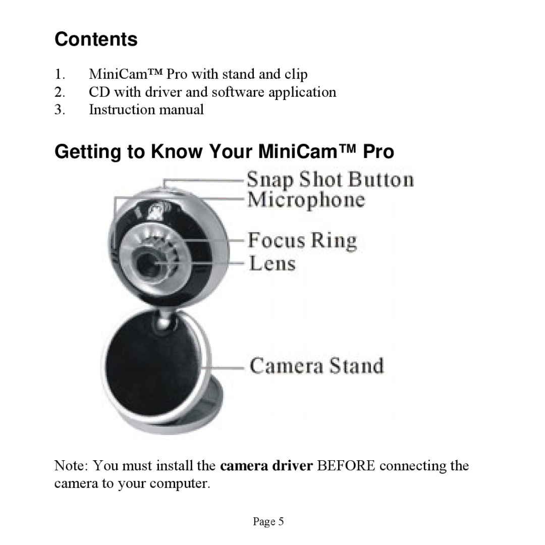 Jasco HO98756 user manual Contents, Getting to Know Your MiniCam Pro 