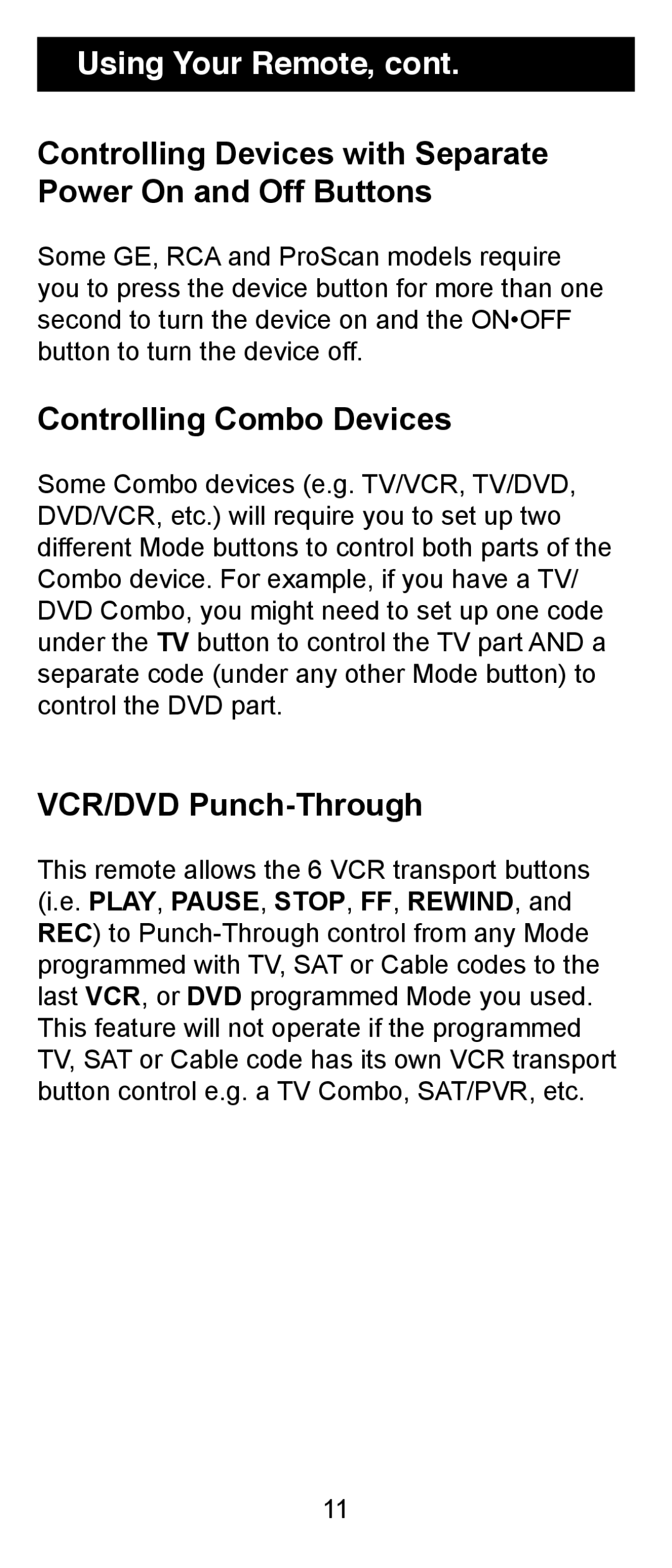 Jasco RM24906 Controlling Devices with Separate Power On and Off Buttons, Controlling Combo Devices, VCR/DVD Punch-Through 