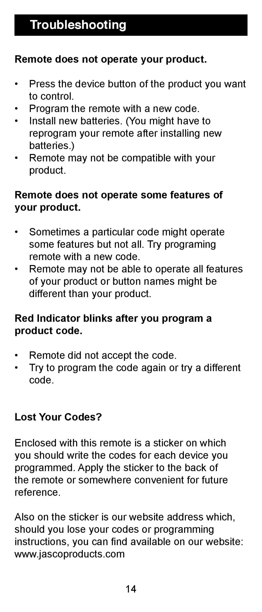 Jasco RM24906 instruction manual Troubleshooting, Remote does not operate your product 