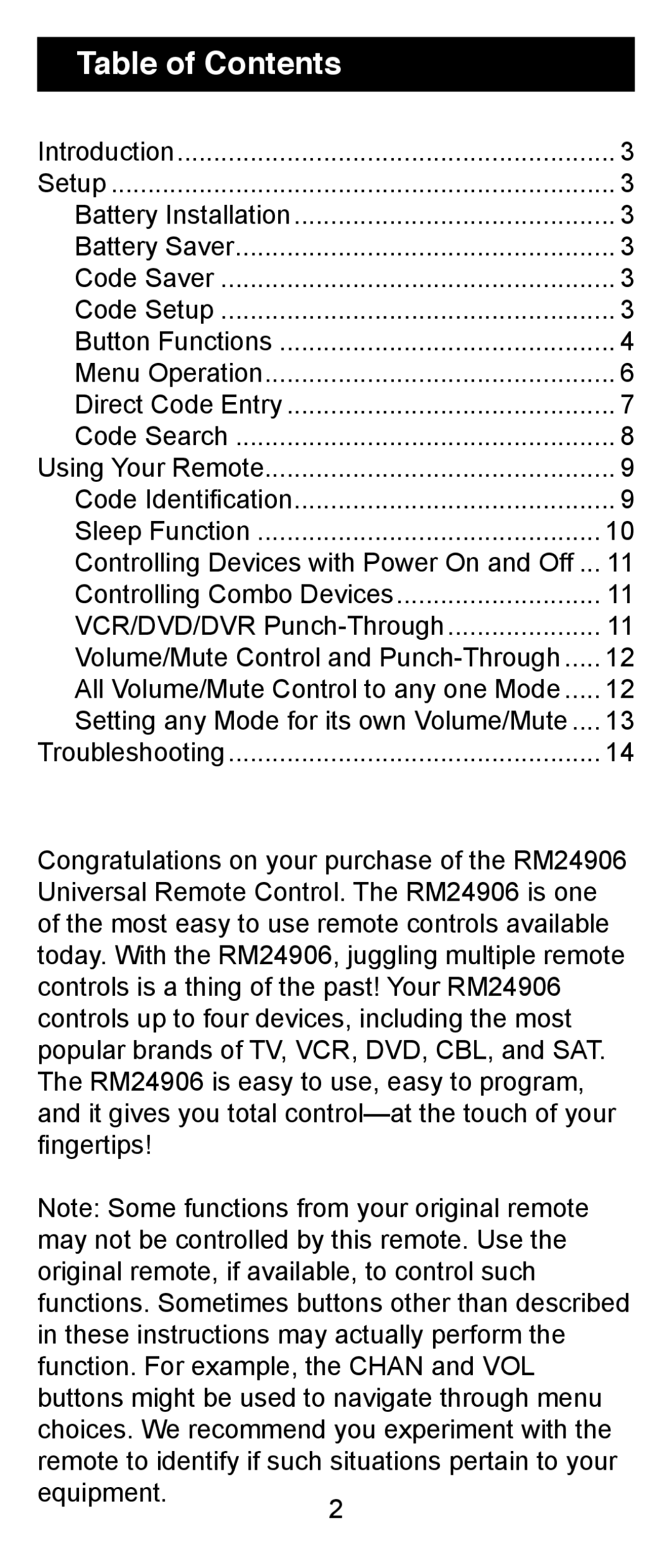 Jasco RM24906 instruction manual Table of Contents 