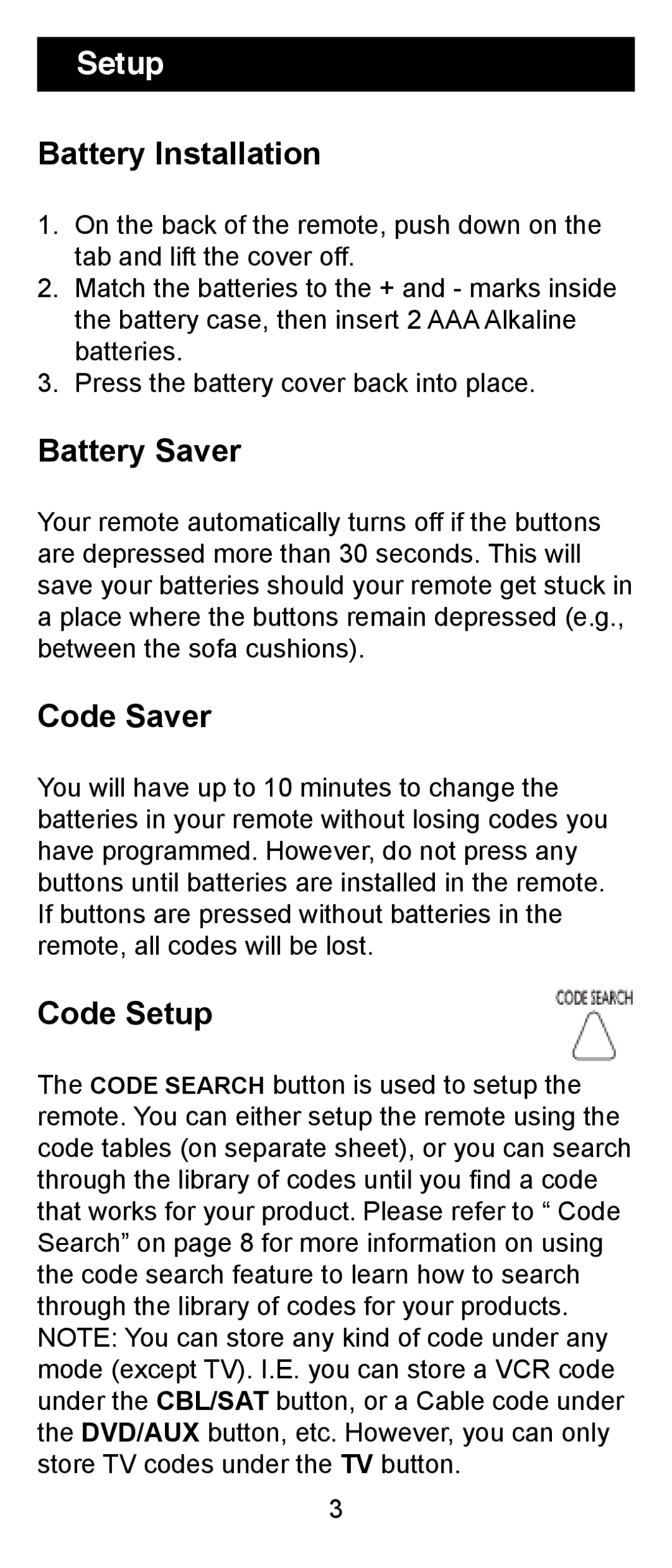 Jasco RM24906 instruction manual Battery Installation, Battery Saver, Code Saver, Code Setup 