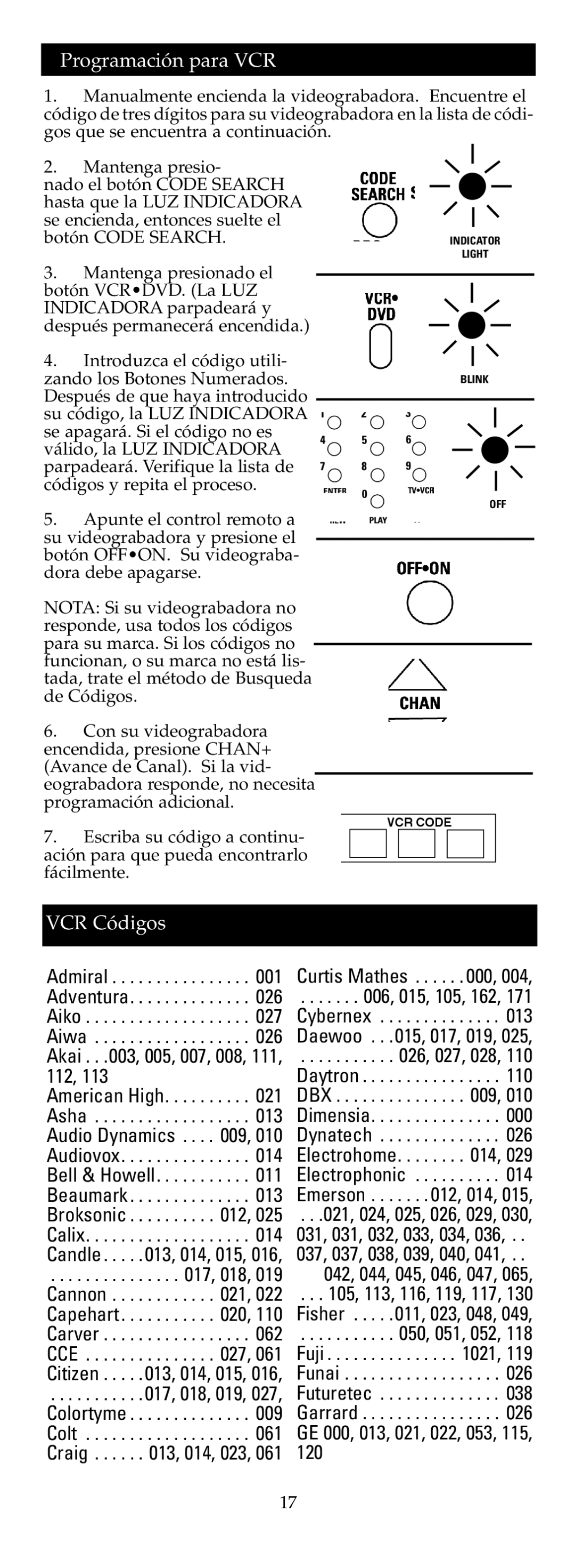 Jasco RM24908 warranty Programación para VCR, VCR Códigos, Aiwa 