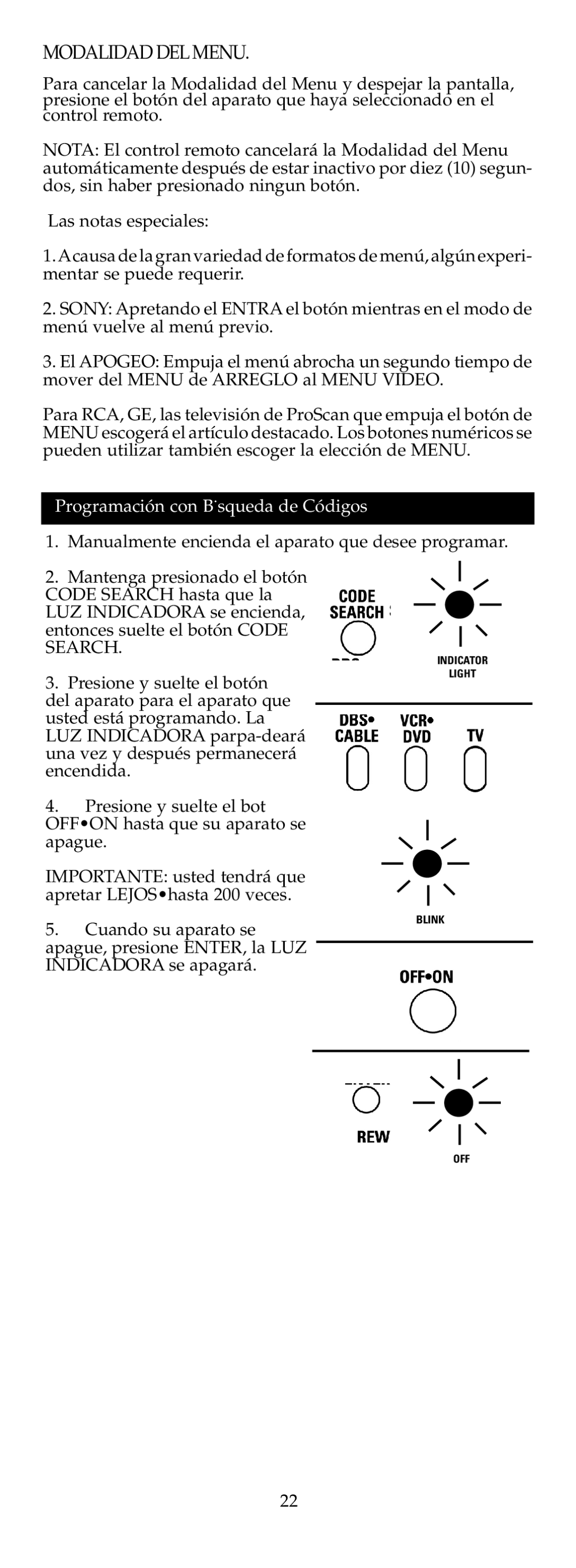 Jasco RM24908 warranty Modalidad DEL Menu, Programación con B˙squeda de Códigos 