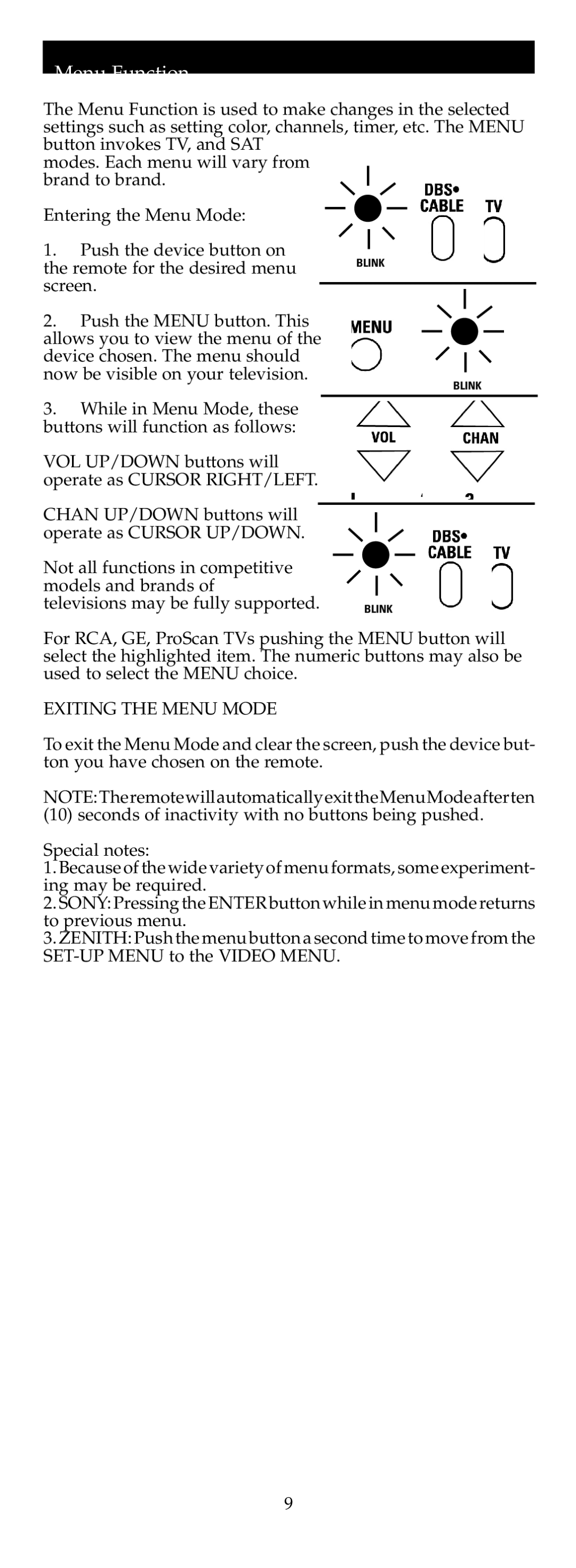 Jasco RM24908 warranty Menu Function, Exiting the Menu Mode 