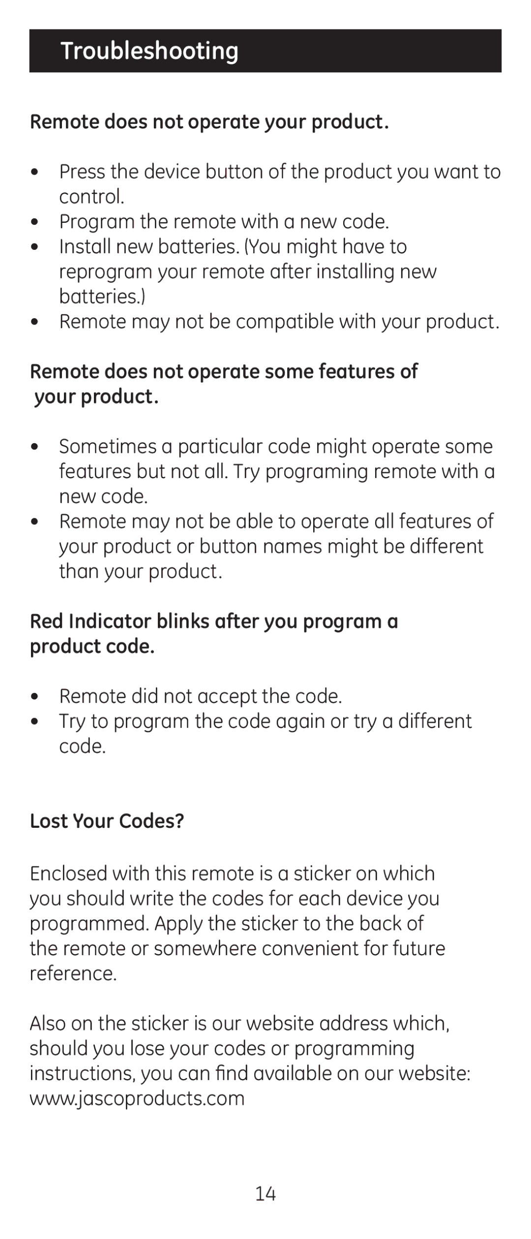 Jasco RM24914 Troubleshooting, Remote does not operate your product, Remote does not operate some features of your product 