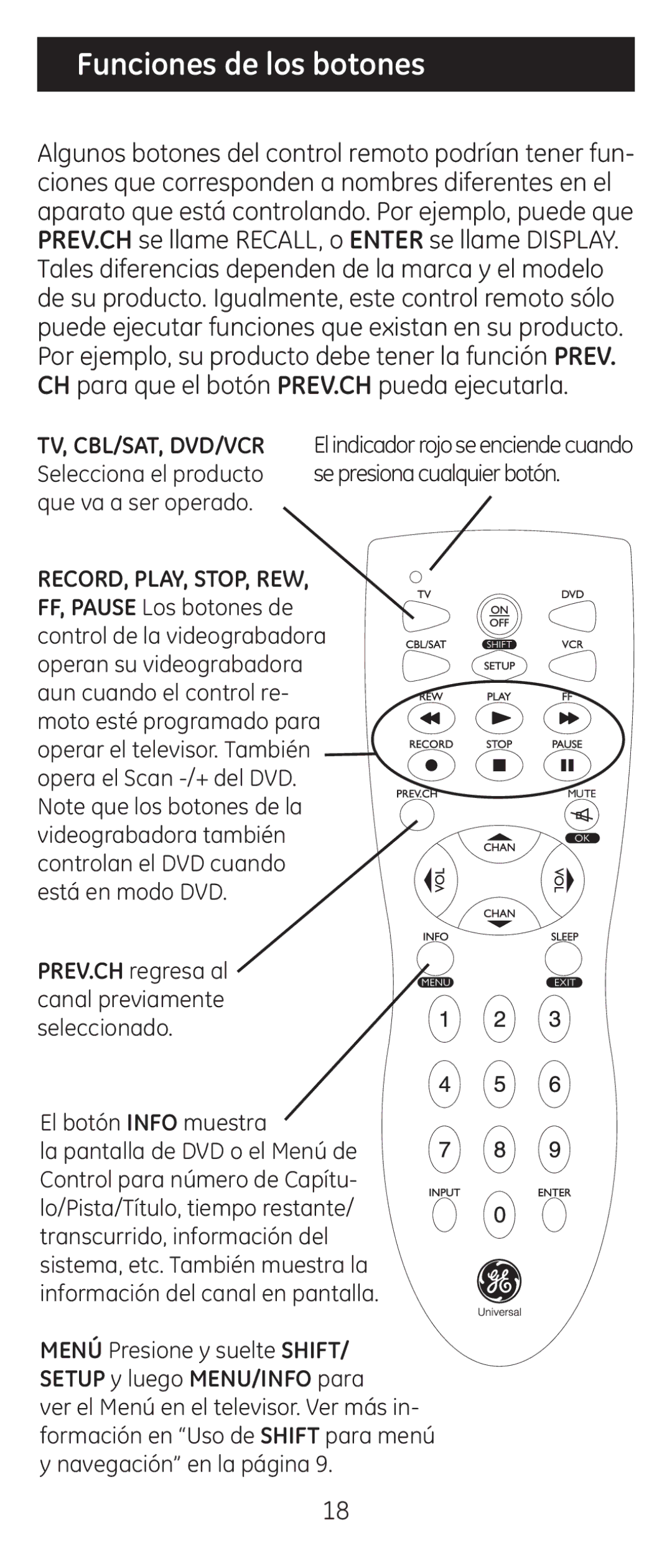 Jasco RM24914, RM84914 instruction manual Funciones de los botones, El botón Info muestra 