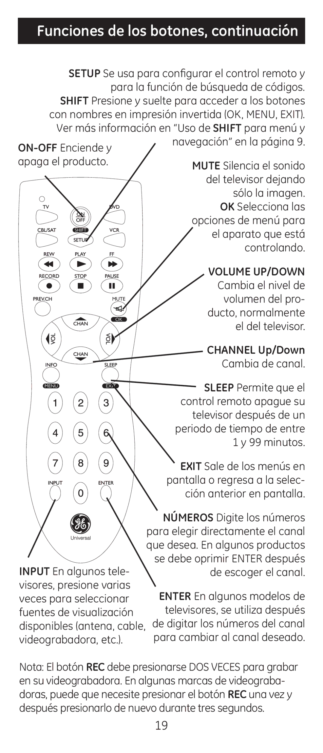 Jasco RM84914, RM24914 instruction manual Funciones de los botones, continuación 