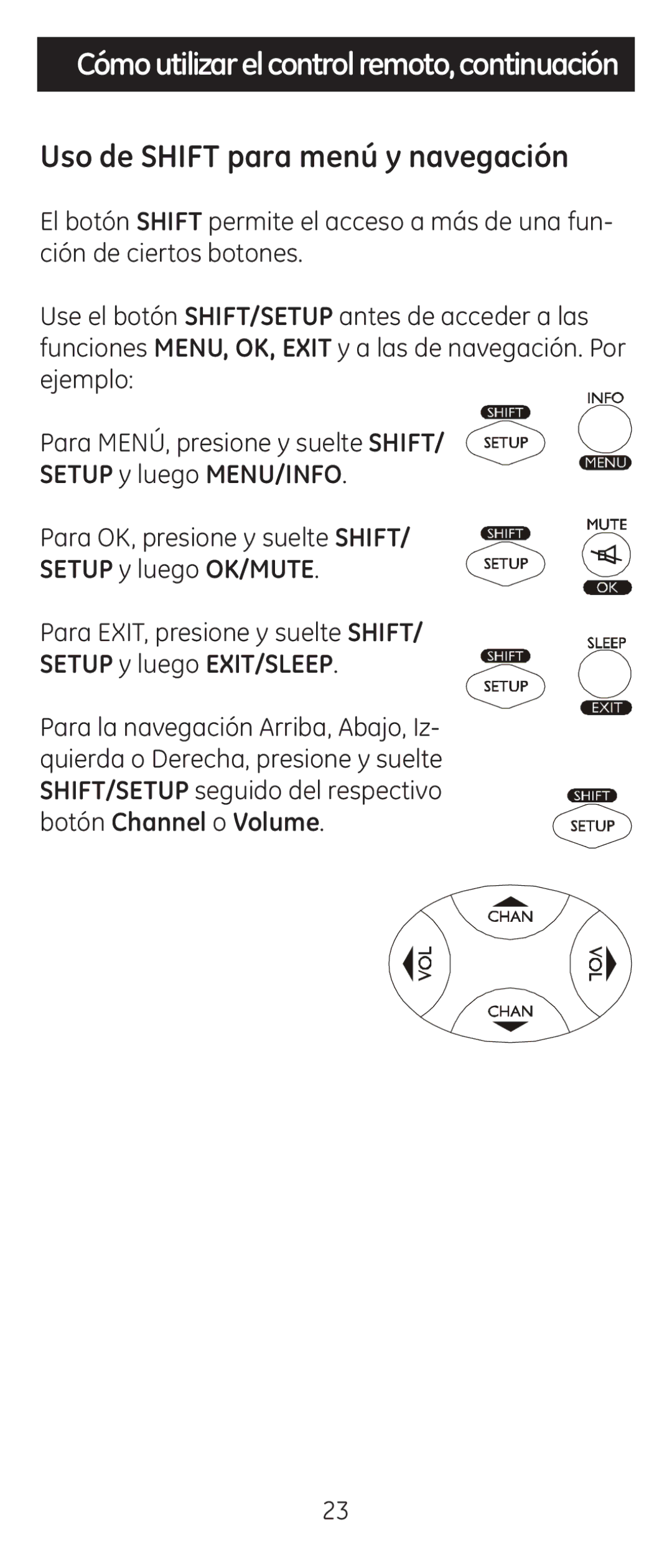 Jasco RM84914, RM24914 Uso de Shift para menú y navegación, Setup y luego MENU/INFO, Setup y luego OK/MUTE 