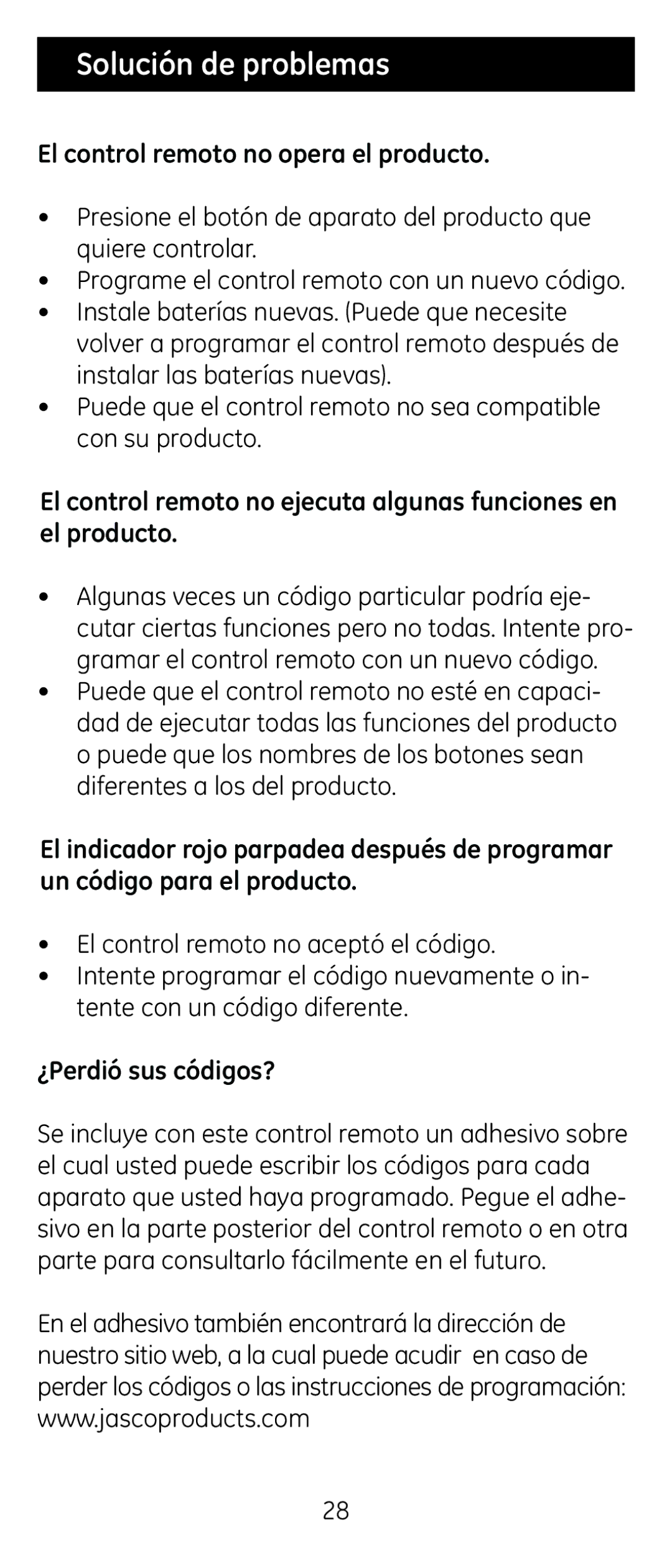 Jasco RM24914, RM84914 Solución de problemas, El control remoto no opera el producto, ¿Perdió sus códigos? 