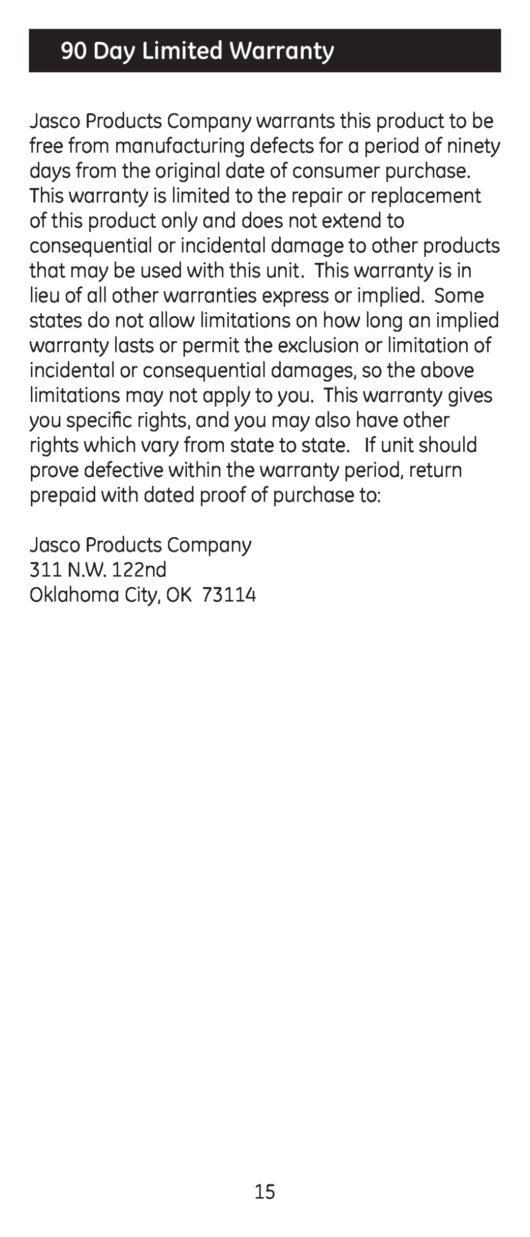 Jasco RM84914, RM24914 instruction manual Day Limited Warranty, Jasco Products Company 311 N.W. 122nd Oklahoma City, OK 