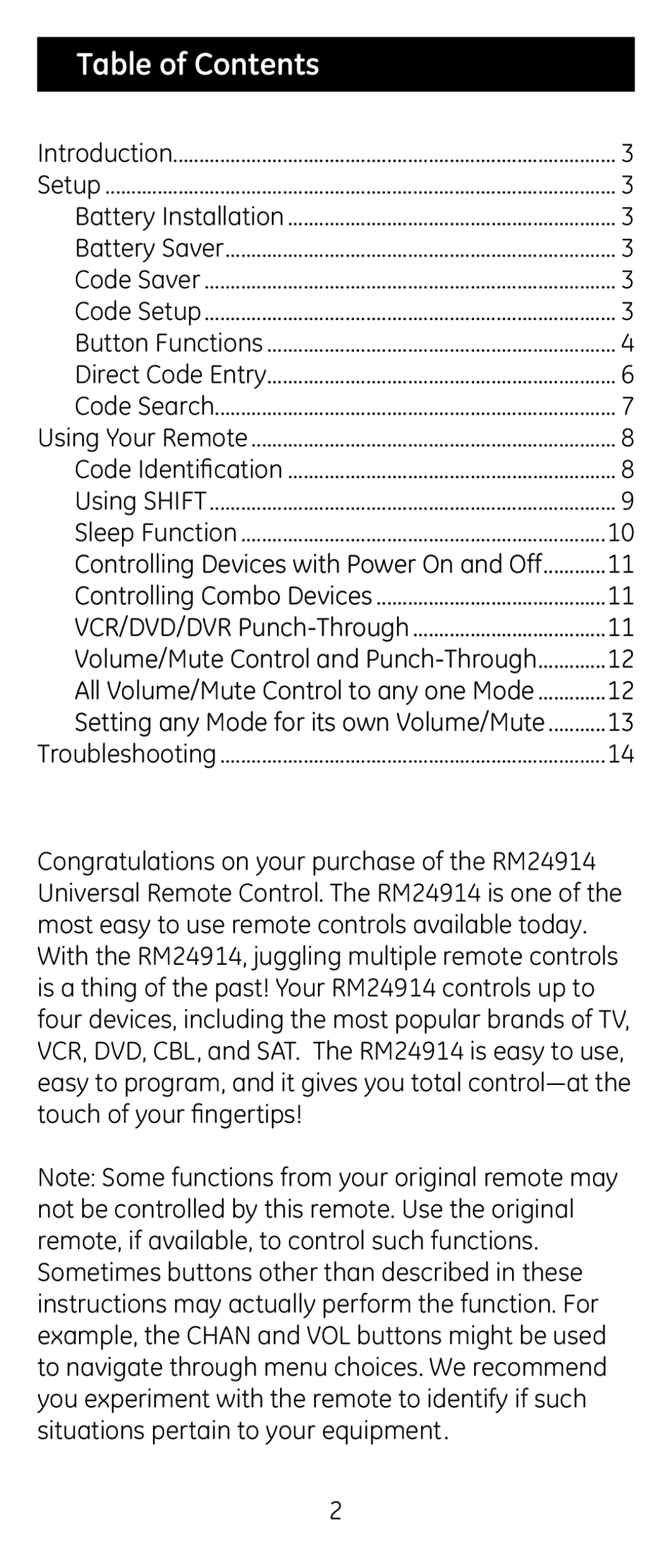 Jasco RM24914, RM84914 instruction manual Table of Contents 
