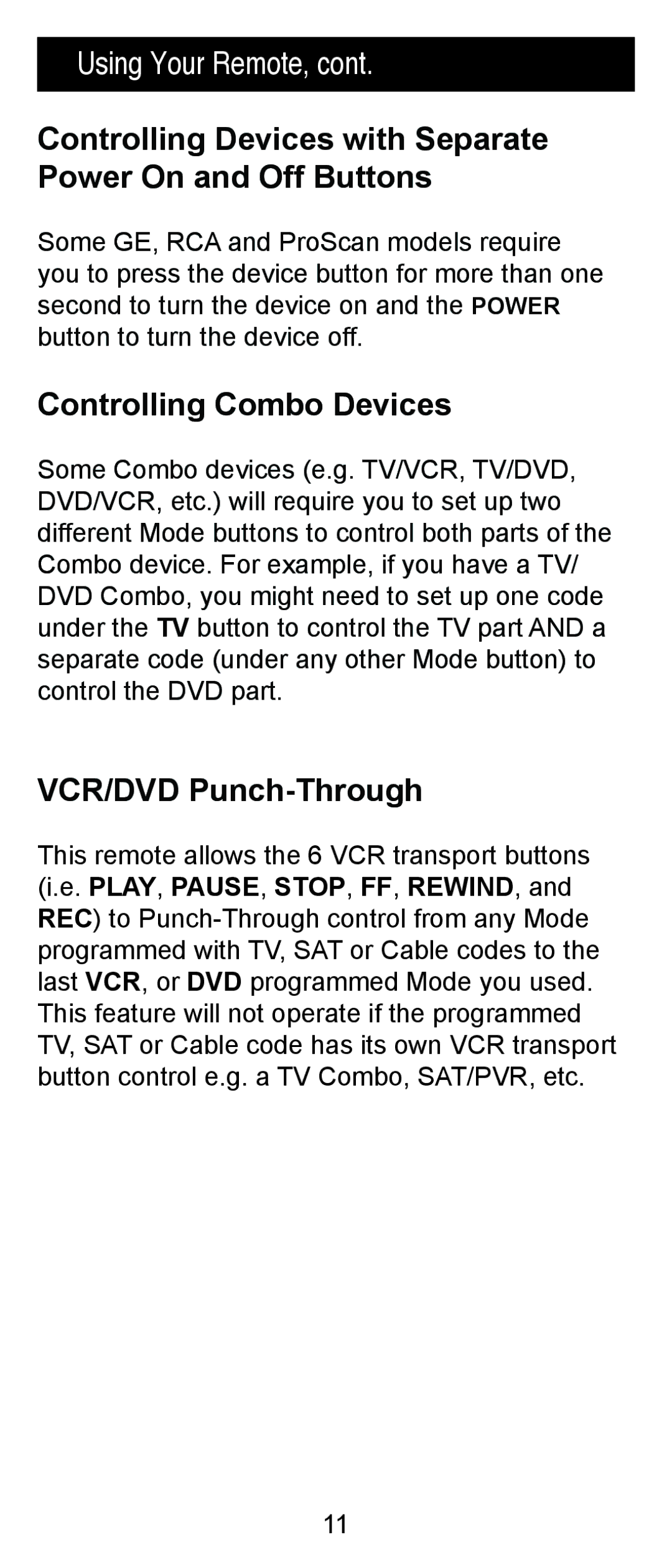 Jasco RM84918 Using Your Remote, Controlling Devices with Separate Power On and Off Buttons, Controlling Combo Devices 