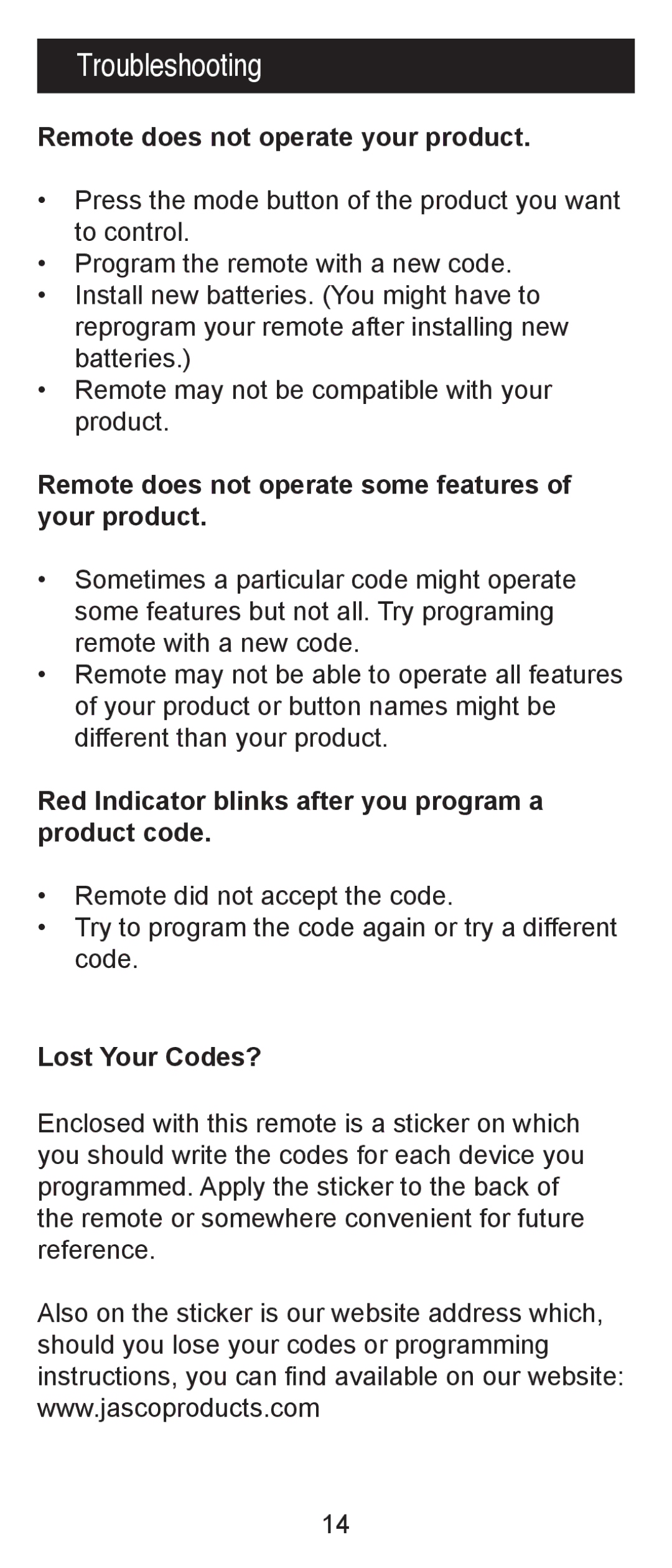 Jasco RM24918, RM84918 instruction manual Troubleshooting, Remote does not operate your product 