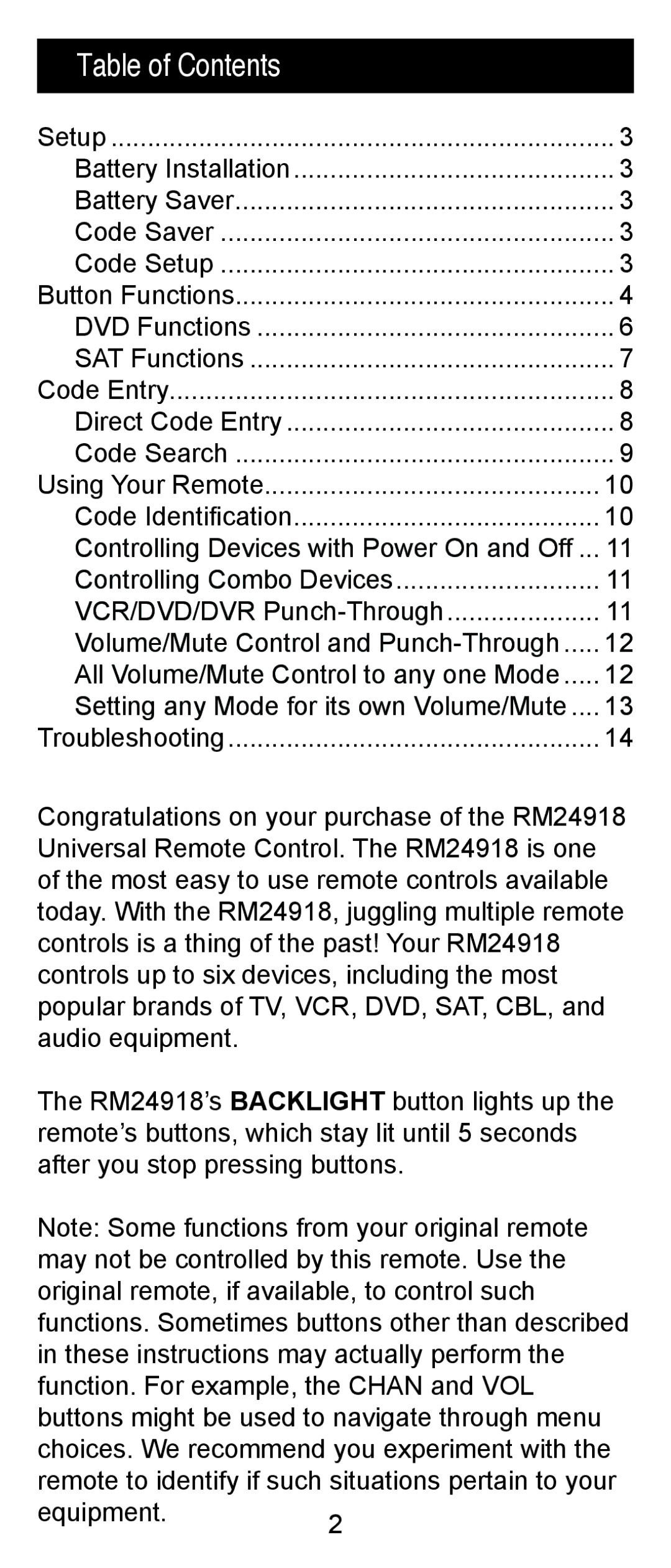 Jasco RM24918, RM84918 instruction manual Table of Contents 