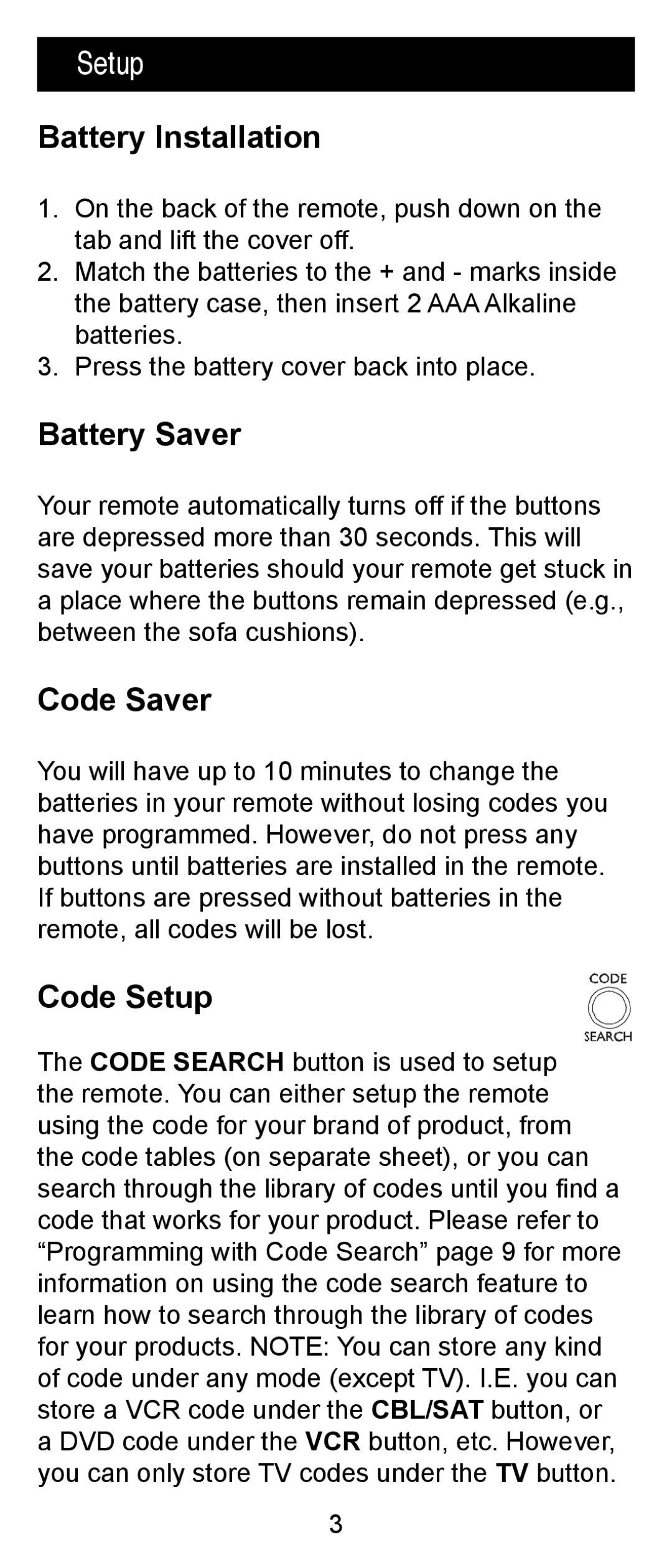 Jasco RM84918, RM24918 instruction manual Battery Installation, Battery Saver, Code Saver, Code Setup 