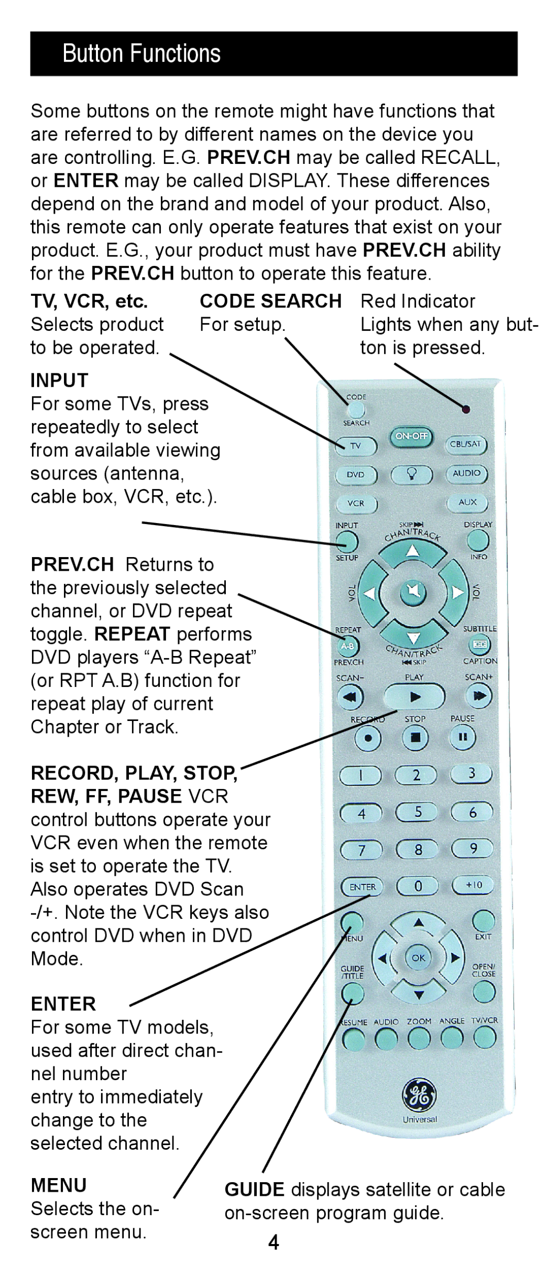 Jasco RM24918, RM84918 instruction manual Button Functions, Input 